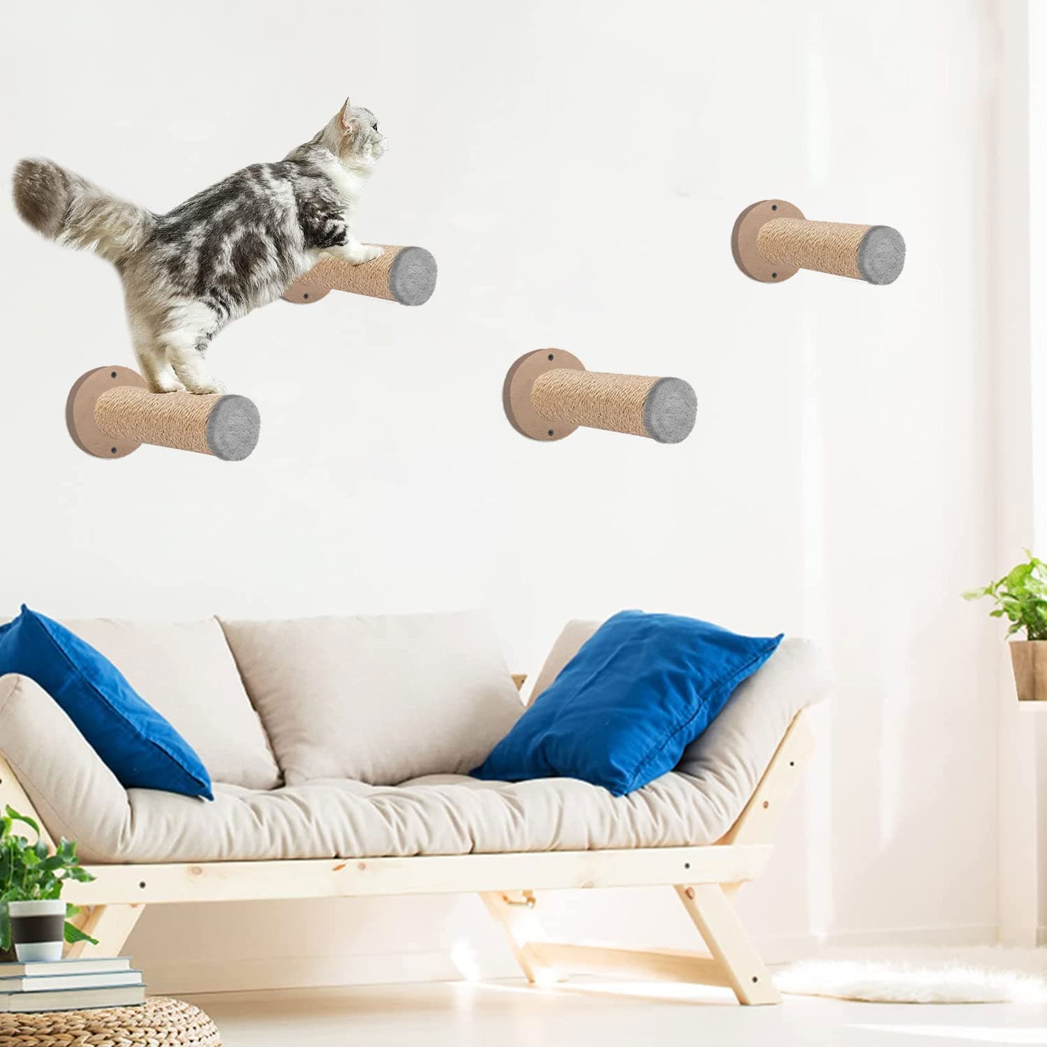 Mellifluous Cat Kitten Wall Mount Shelves | Cat Perches | Climbing Pole Steps Ladder | Cat Furniture (4 Pole, Grey)