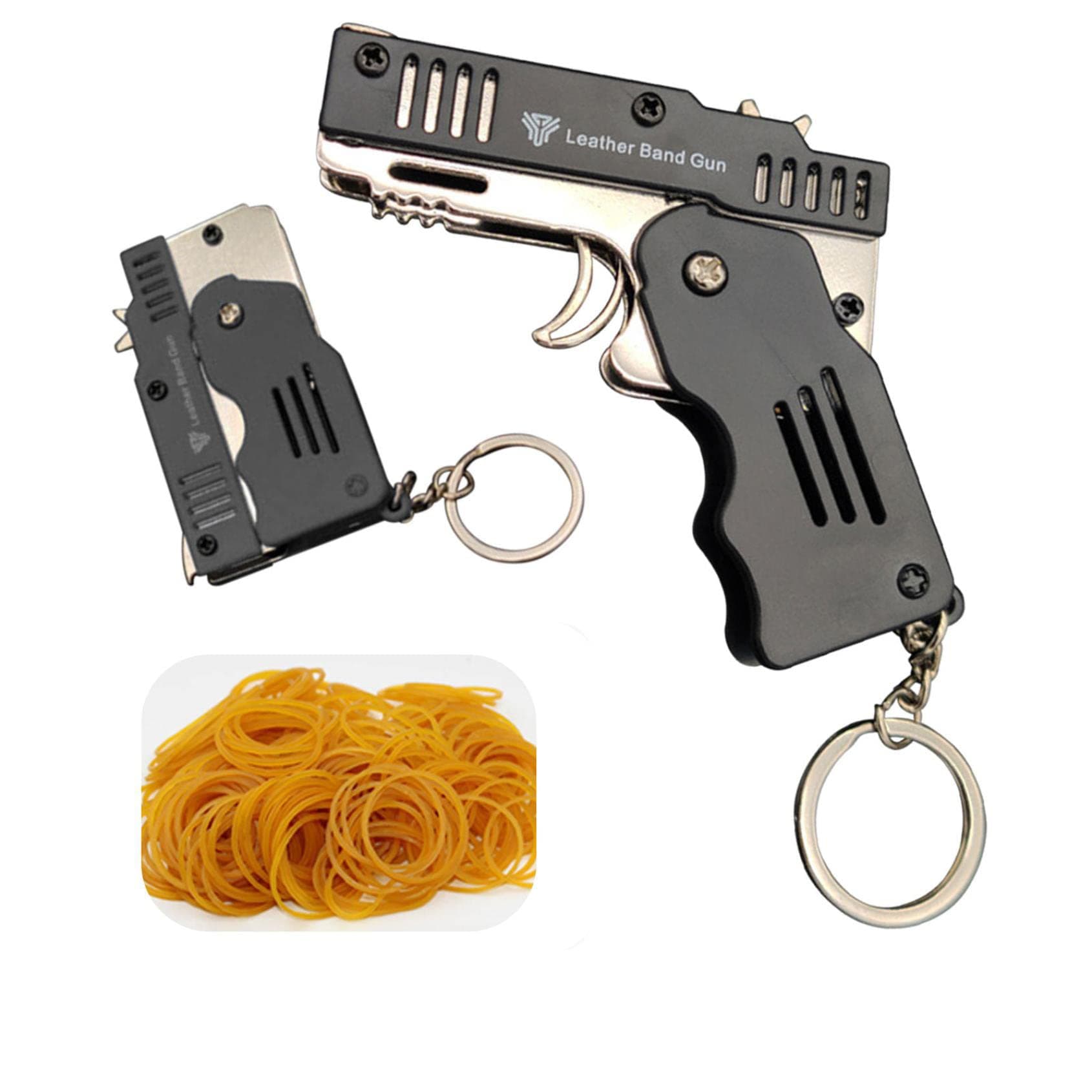 Cool Keychains Rubber Band Guns, Alloy Mini Pendant Folding Rubber Launcher for Shooting Game Outdoor Activities with 60 Rubber Bands, Random Stuff Gift Cool Things for Men Women