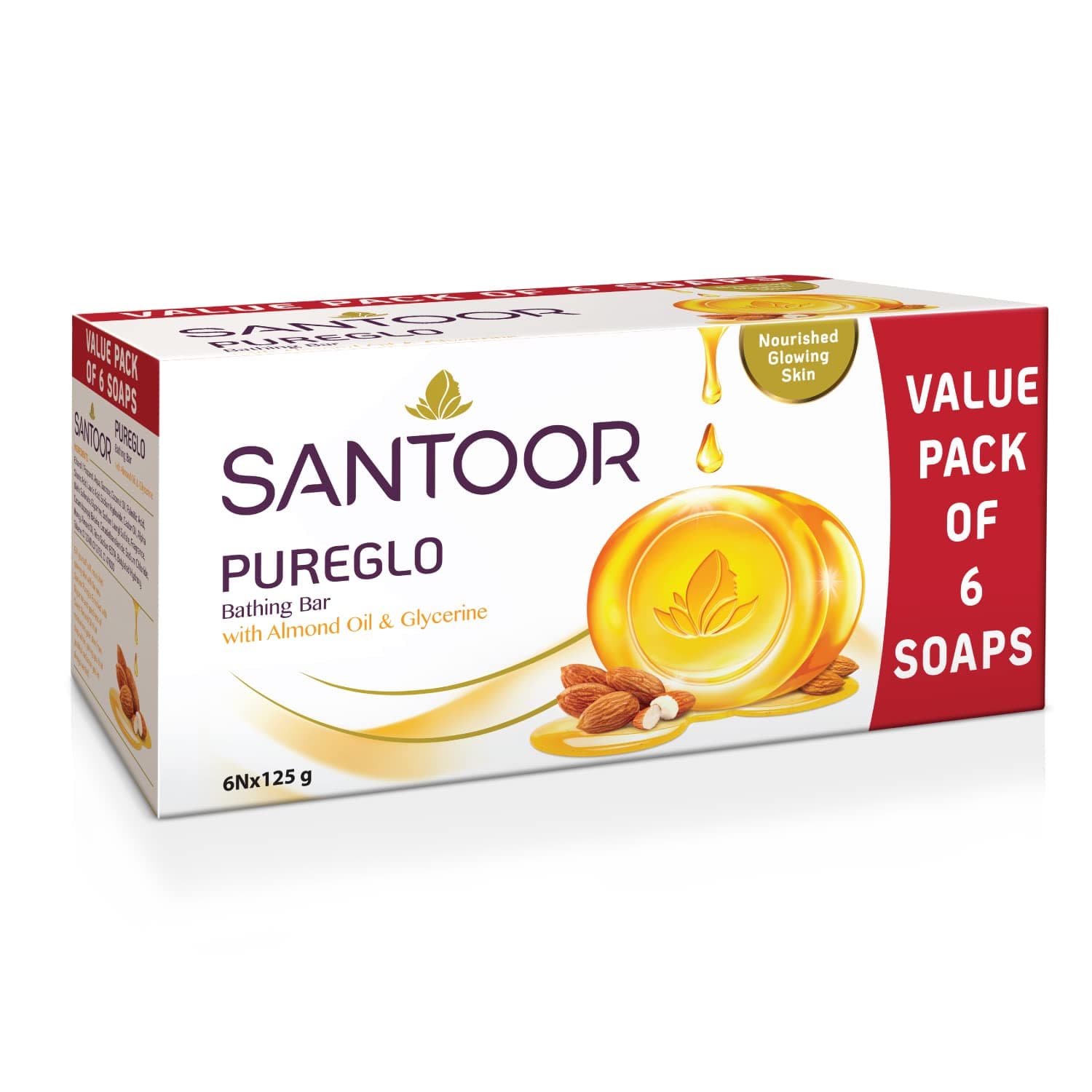 Santoor Pureglo Glycerine Bath Soap With Almond Oil For Moisturized, Nourished And Shining Skin, Combo Offer 125G Pack Of 6