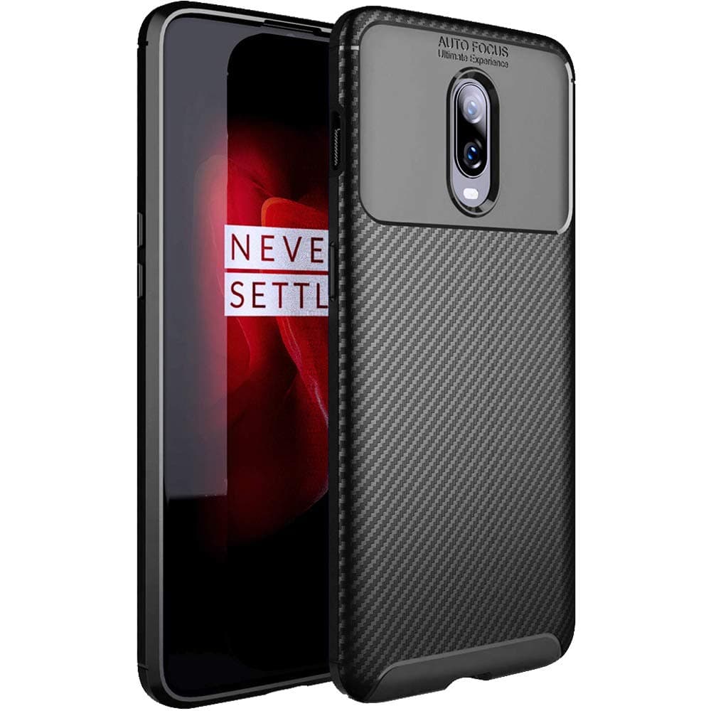 Rugged Shockproof Carbon Fibre Slim Armour Back Cover Case for OnePlus 6T (Black)
