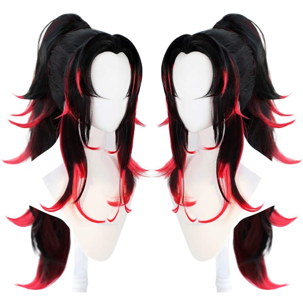 Wig Cap+Multi-Color with Pigtail Wigs Long Wavy cosplay Wig Black and Red Synthetic Wigs for Anime