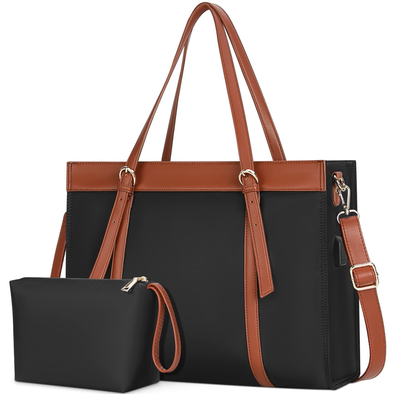 Laptop Bag for Women 15.6 Inch Laptop Tote Bag Waterproof Lightweight Work Bag USB Teacher Bag Professional Office Briefcase Stylish Shoulder Bag 2PCS Black