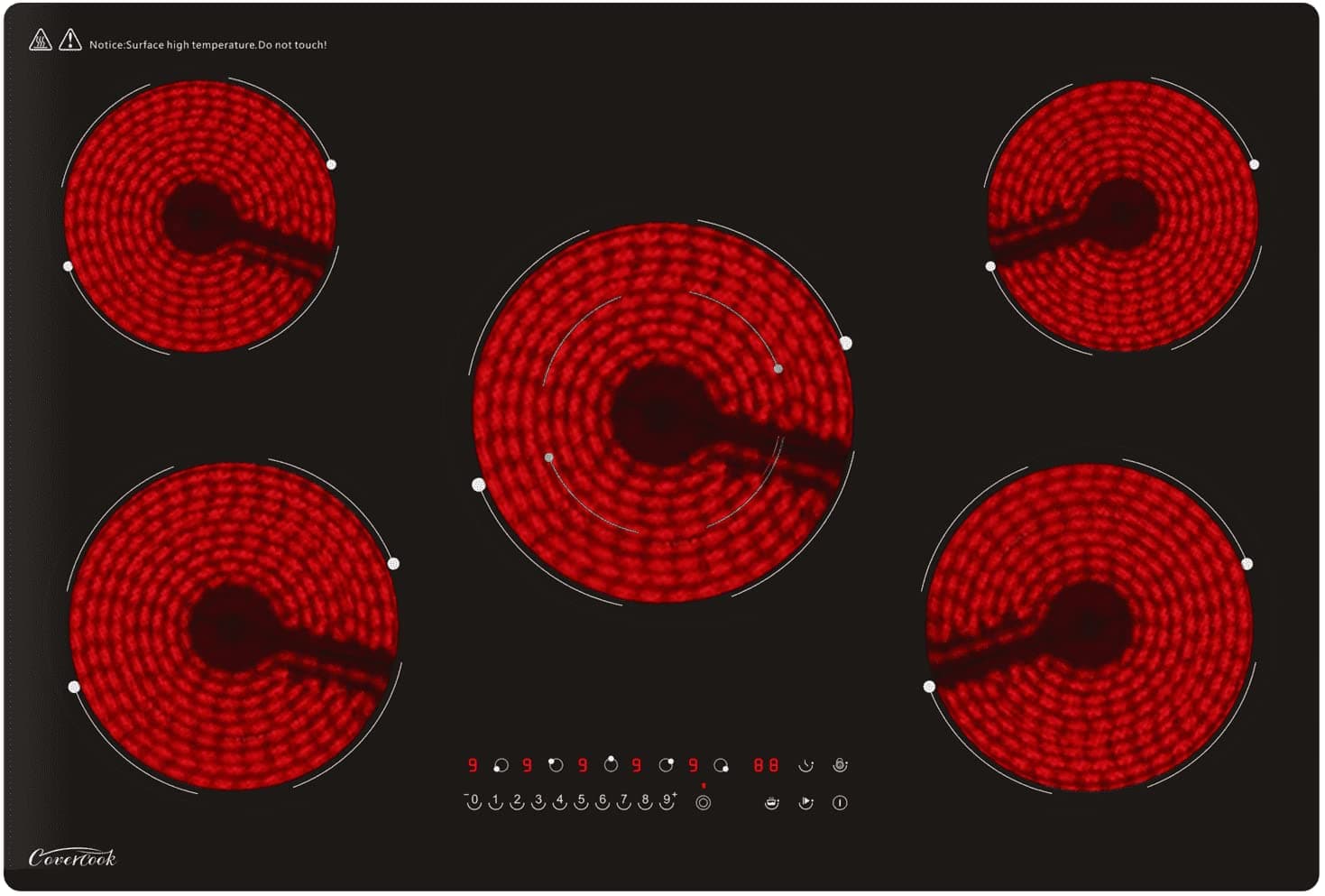 COVERCOOK 77cm Ceramic Hob, Built in Black Glass 5 Burners Electric Cookers Hob, Touch Control Cooktop with Timer and Child Lock Function,230V, 8200W