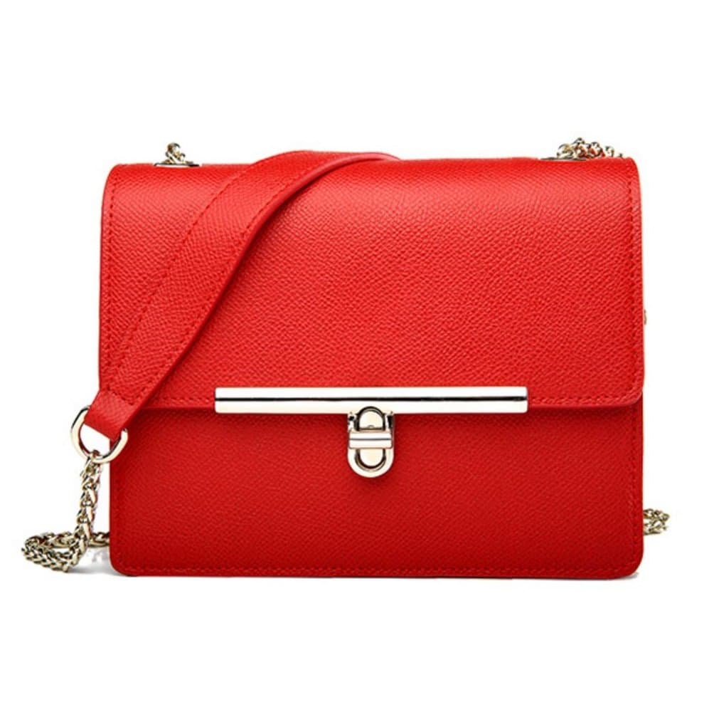 Fashion Women Genuine Leather Crossbody Handbag Gold Chain Metal Strap Purse (Red)