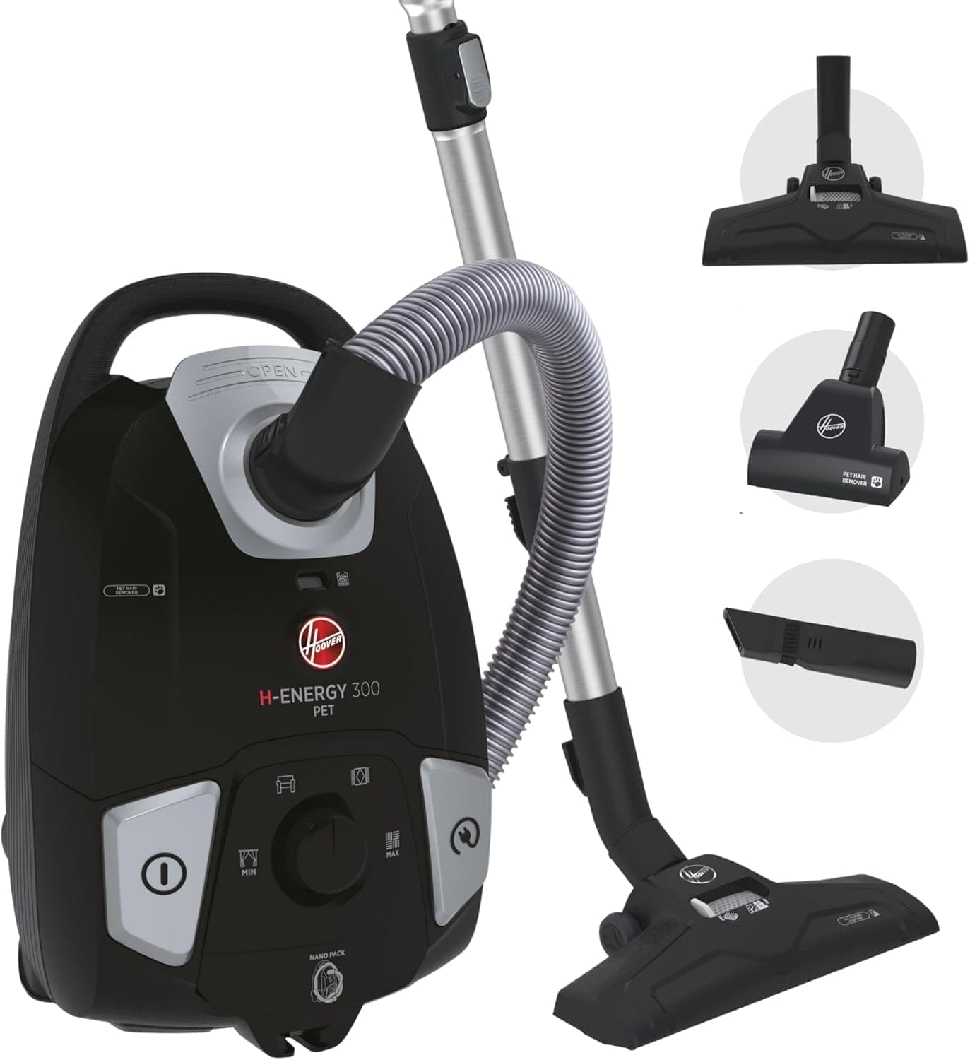 Hoover H-ENERGY 300 Pets Cylinder Vacuum Cleaner with Pet Hair Tool - High Performance Small Corded Vacuum, 3.5L Bagged Canister, Hepa Filter, Compact to Store, 850w [HE320PET]