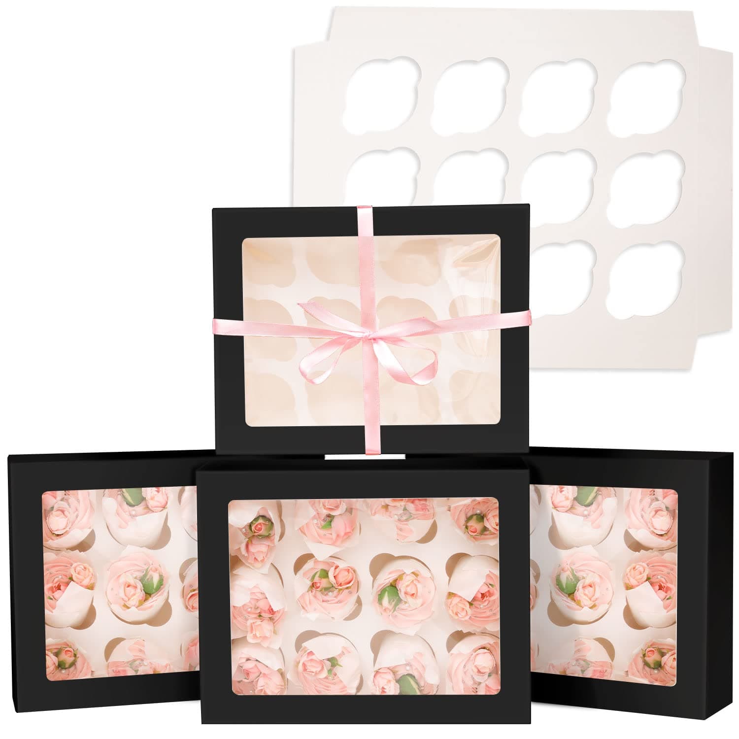Bakepacker12 Cupcake Containers 10-Packs Black Cupcake Box Cupcakes Carrier, 12 Cupcake Boxes with Window 13"x10"x3.5（Auto-pop up）