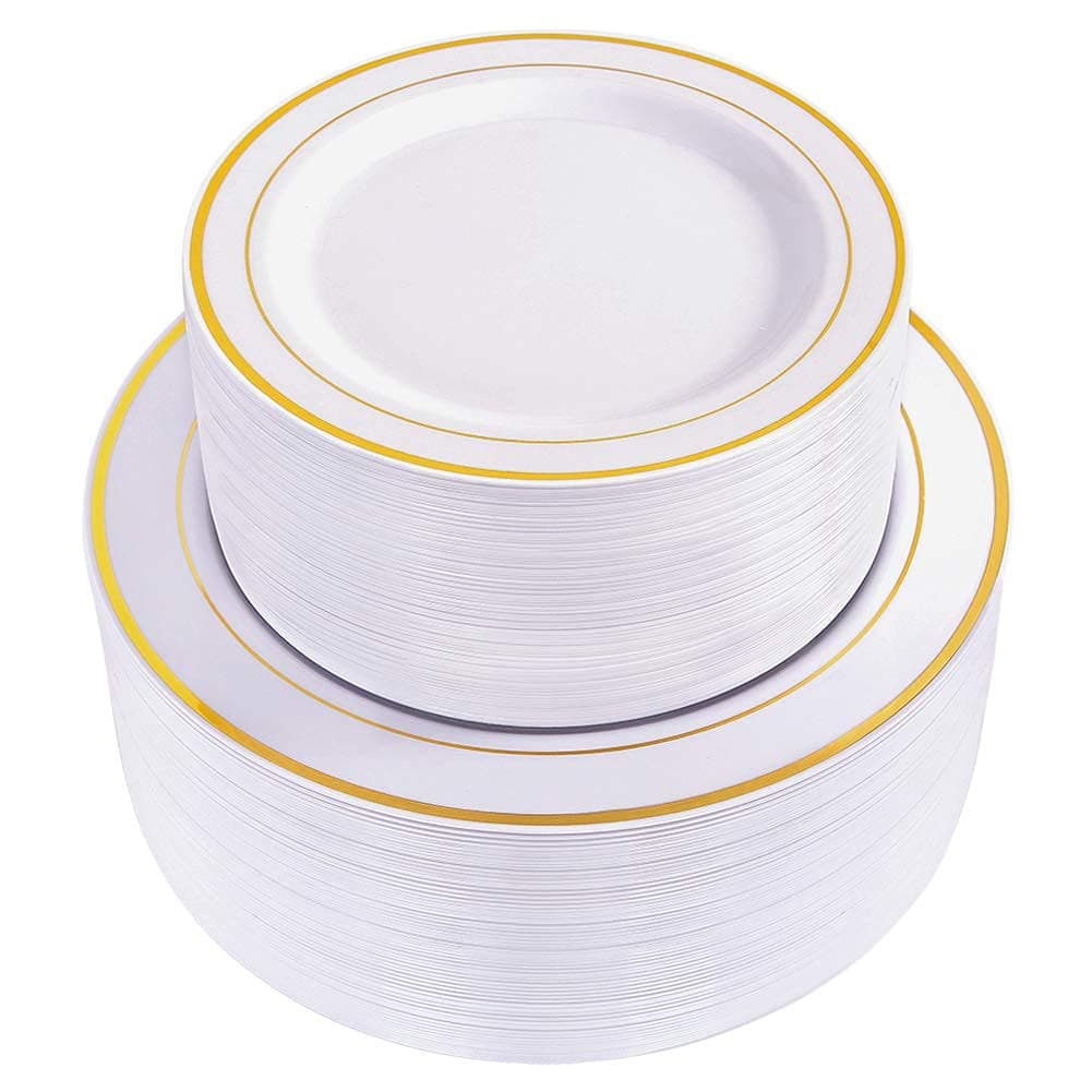 WDF 120 pieces Gold Disposable Plastic Plates - White and Gold Plates Include 10.25" Dinner Plate & 7.5" Salad Plate for Party Baby Shower Wedding Spring
