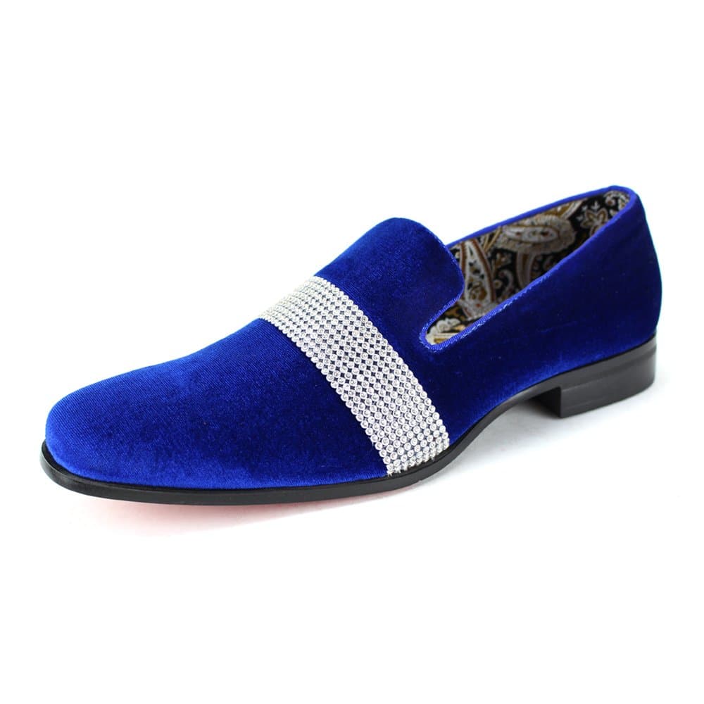 Men's Velvet Smoking Slipper with Band of Stones! Bejeweled Smoker Shoe! (12, Royal)