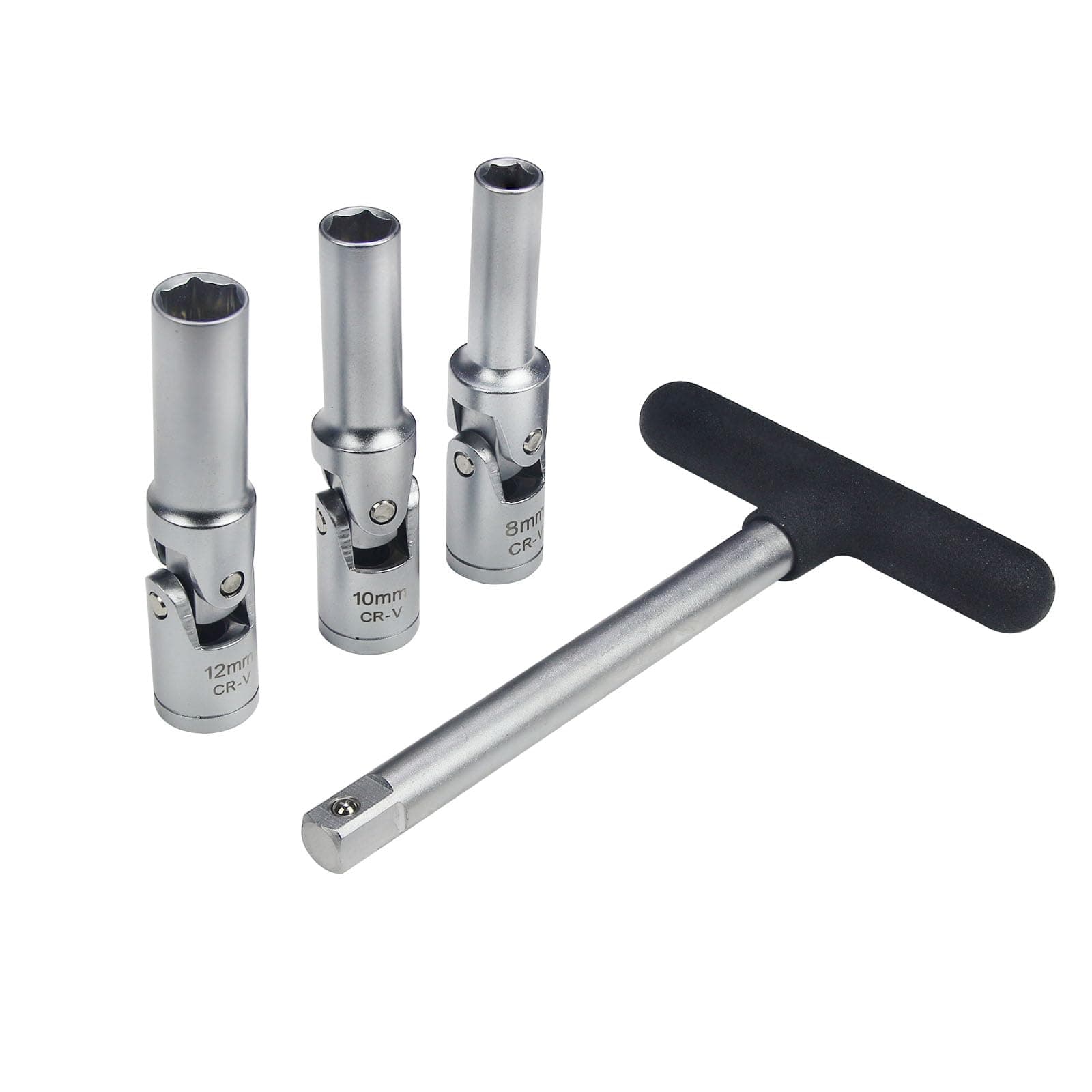 4 Piece Glow Plug Socket Set with 3/8" Dr T-Bar, Glow Plug Sizes (8mm, 10mm, 12mm) Ideal Broken Glow Plug Removal Tool