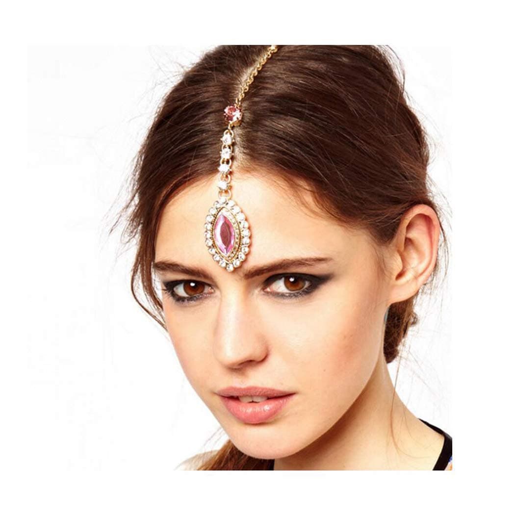 Brishow Crystal Head Chain Rhinestone Head Clip Pink Drop pendant Wedding Headpiece Indian Forehead Hair Jewelry for Women(Pink)