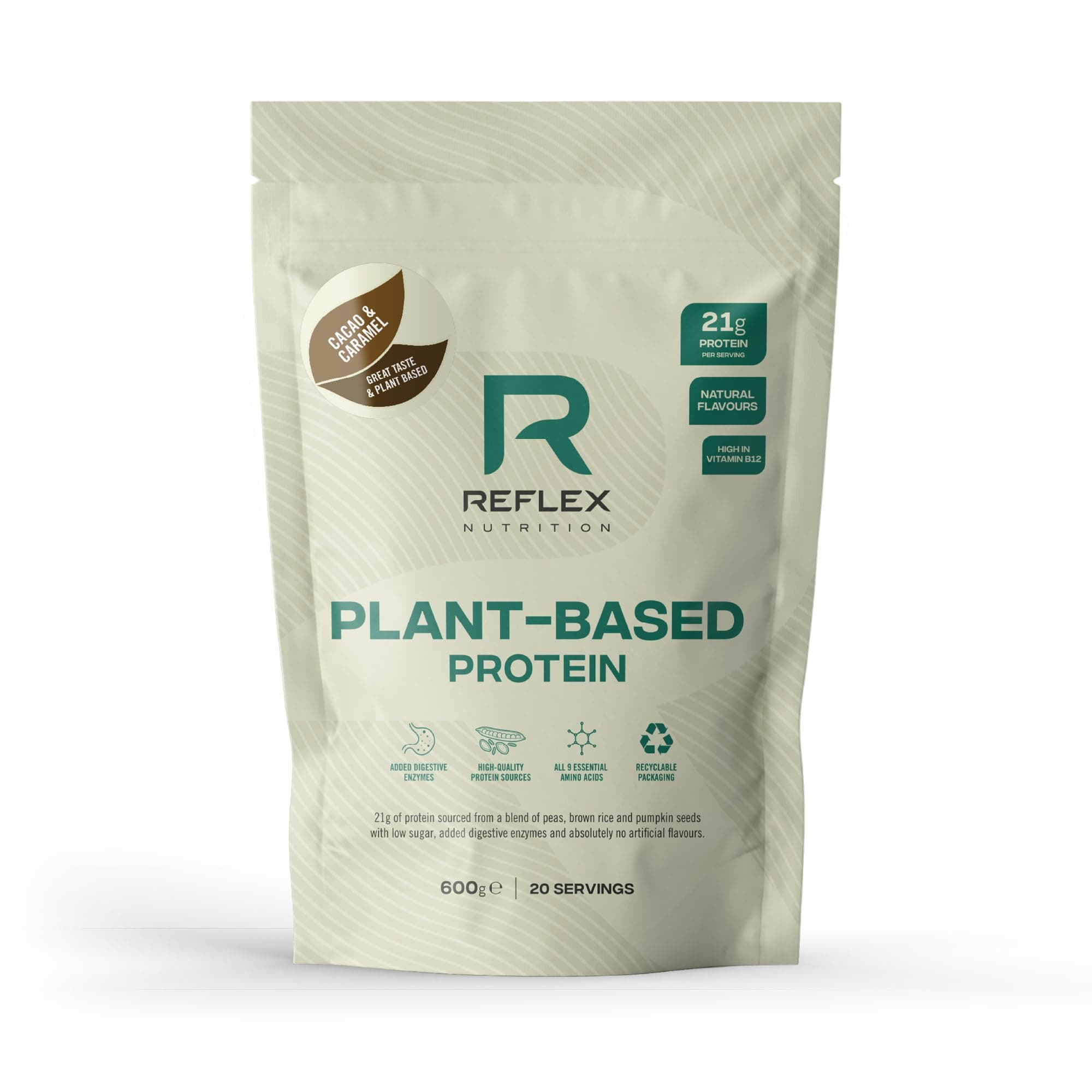 Plant Based Protein - 21g Vegan Protein Powder (Pea Protein, Brown Rice Protein & Pumpkin Seeds) - Digestive Enzymes & Vitamin B12 - Natural Flavours (Cacao & Caramel, 20 Servings)