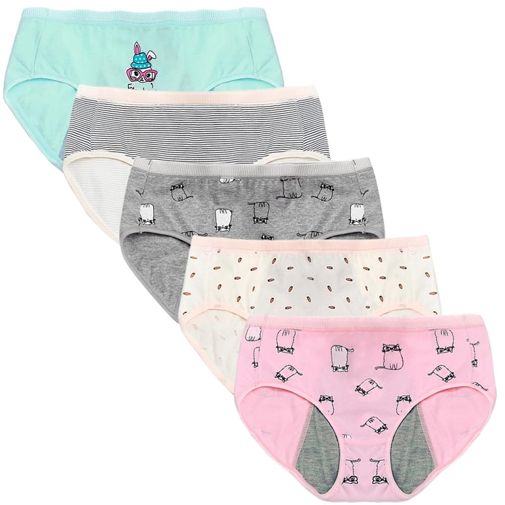 Teen Girls Cotton Menstrual Period Panties Soft Leak-proof Knickers Underwear for 8-18 Years Pack of 5