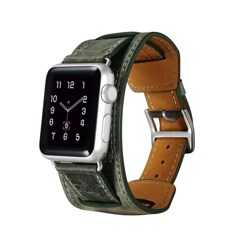 [Top Grade] Genuine Crazy-horse Leather Strap Cuff Bracelet [Four in One] Watch Bands for Apple iWatch 42MM (Dark Green)