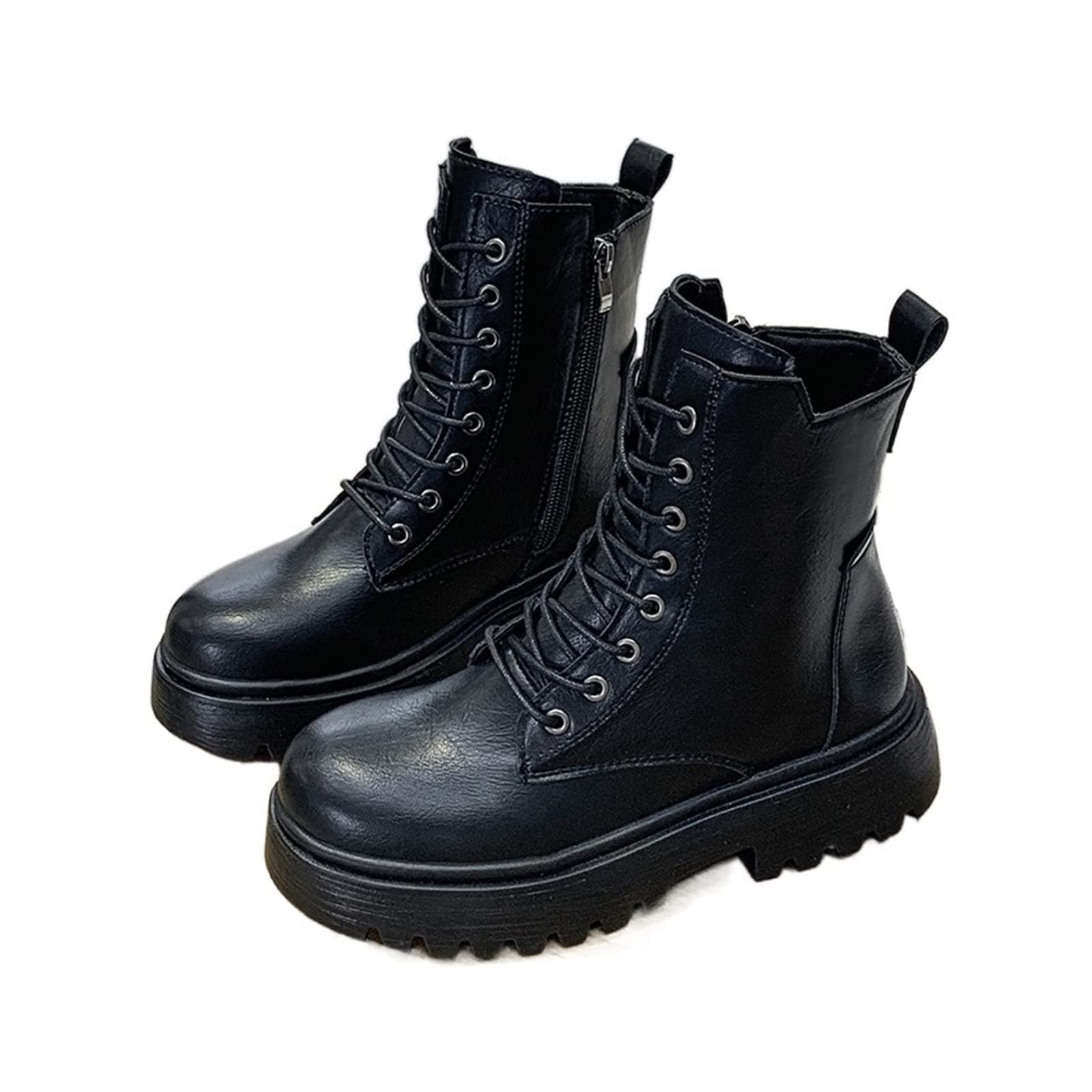 YILDEXWomen's Boots, Summer Autumn Women Ankle Boots Classic Beige Black Leather Gothic Punk Shoes Mid Heels Short Combact Boots Platform Shoes (Color : Hortel�, Size : 36)