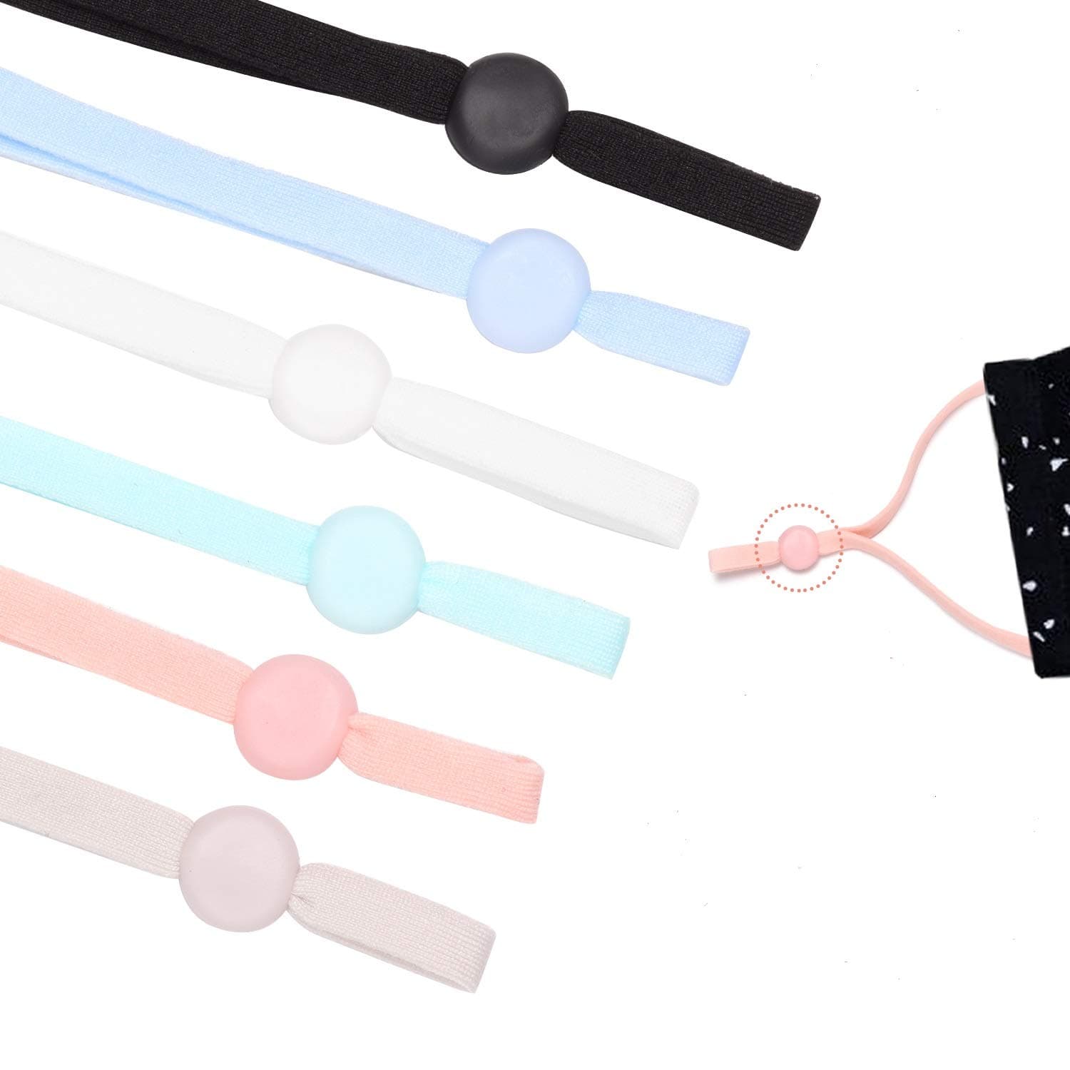 120 PCS 6 Assorted Colors 1/4 Inch Wide Elastic String Cord Bands Rope with Adjustable Buckle for Sewing Crafts DIY Mask, Suitable for Adults and Children (Black,White,Pink,Blue,Light Green,Gray)