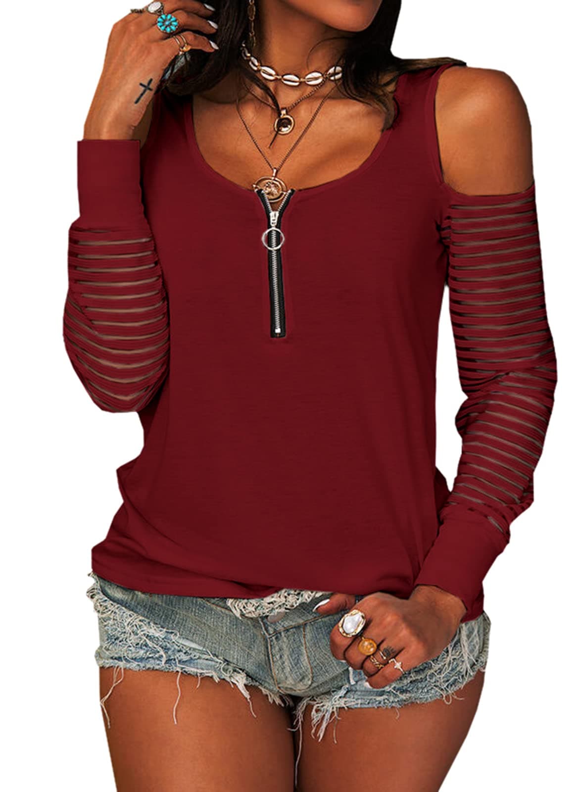 TankaneoWomens Long Sleeve Mesh Srtipe Blouse Shirt Cold Shoulder Scoop Neck Zipper Casual Pullover T-Shirt