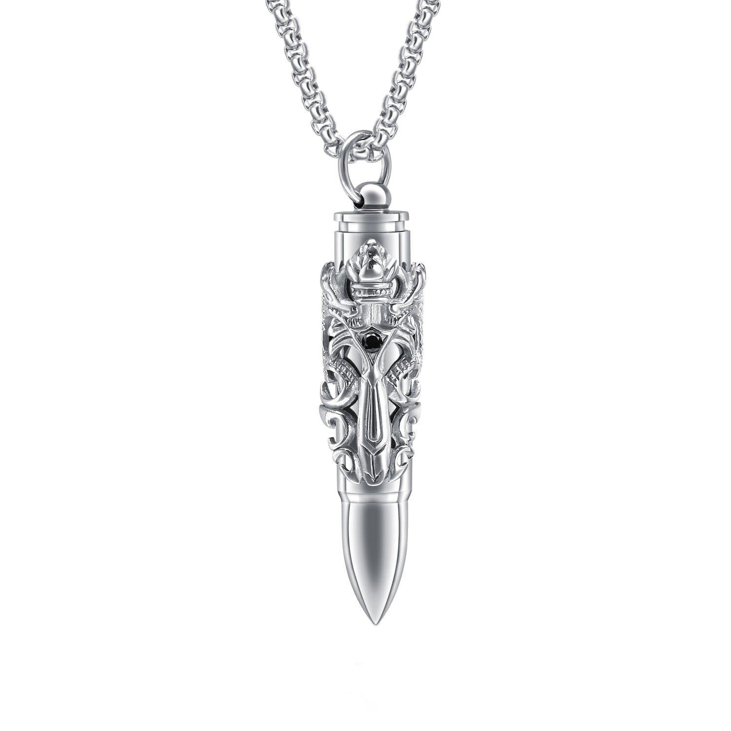 JC Fashion Jewelry Mens Stainless Steel Can Open Bullet Design Storage Container Pendant Necklace with Free Chain (Silvery)