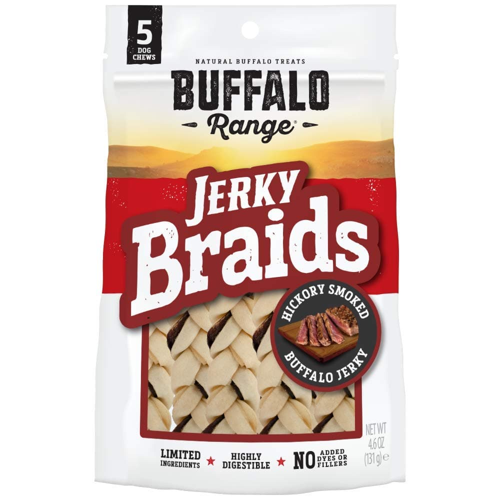 Rawhide Dog Treats | Healthy, Grass-Fed Buffalo Jerky Raw Hide Chews | Hickory Smoked Flavor | Jerky Braids, 5Count