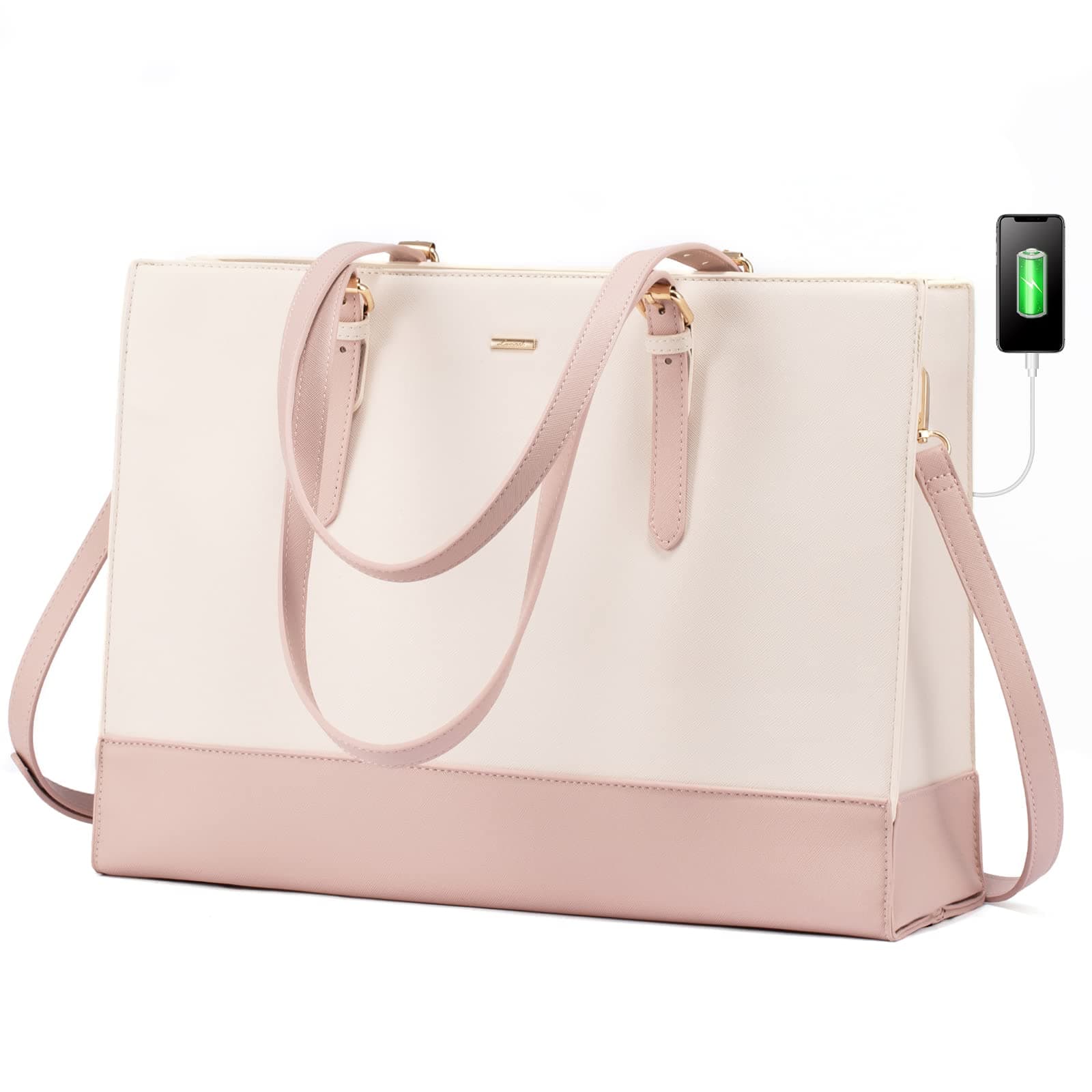 LOVEVOOK Laptop Bag for Women, Fashion Computer Tote Bag 15.6 Inch Large Handbag, Shoulder Bag Purse for Business Work, Beige-pink, 15.6 inch