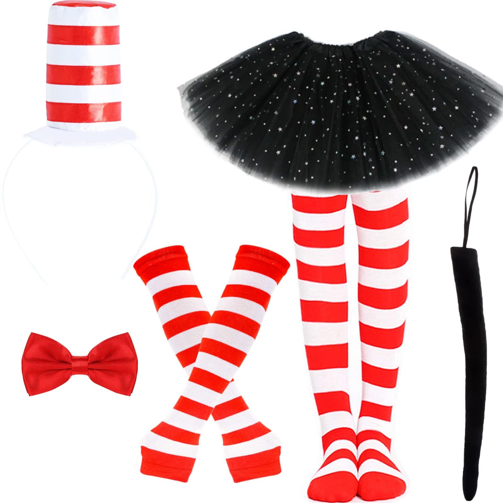 Kavoc 6 Pcs Cat Costume Child Tulle Tutu Set Skirts Cat Ear Headband Bowtie Tail Bow Tie Striped Tights