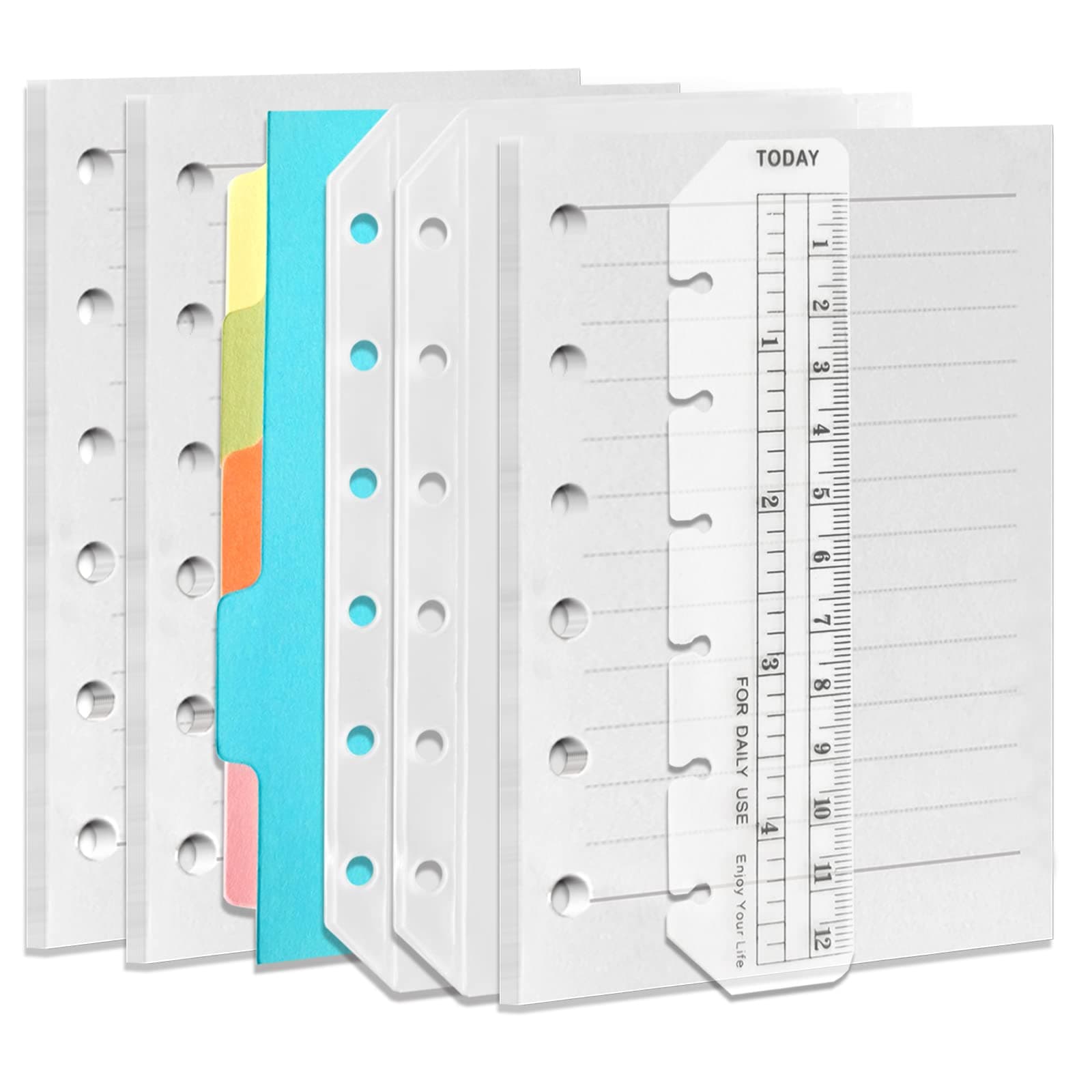 DY.2ten Refillable A7 Notebook Set, 3 Pack Lined Refill Paper, A7 Clear Zipper Binder Pockets, Dividers, Ruler Marker, Paper Refill for 6-Ring Binders Planner Notebook