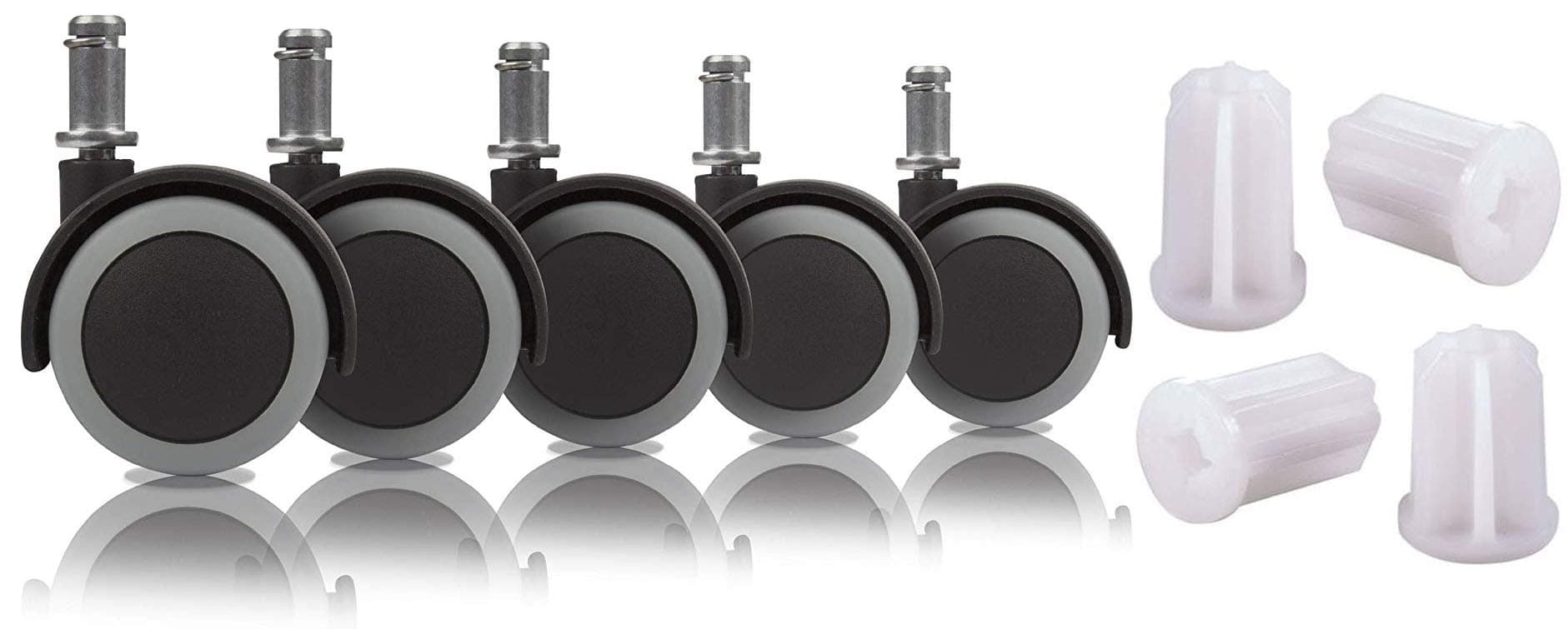 Slipstick Floor Protecting Rubber Office Chair Caster Wheels for Furniture, Casters for Office Chair Wheels, 2 Inch, Set of 5, Black/Gray Bundle with Plastic Furniture Socket, 7/8 Inch Caster Sockets