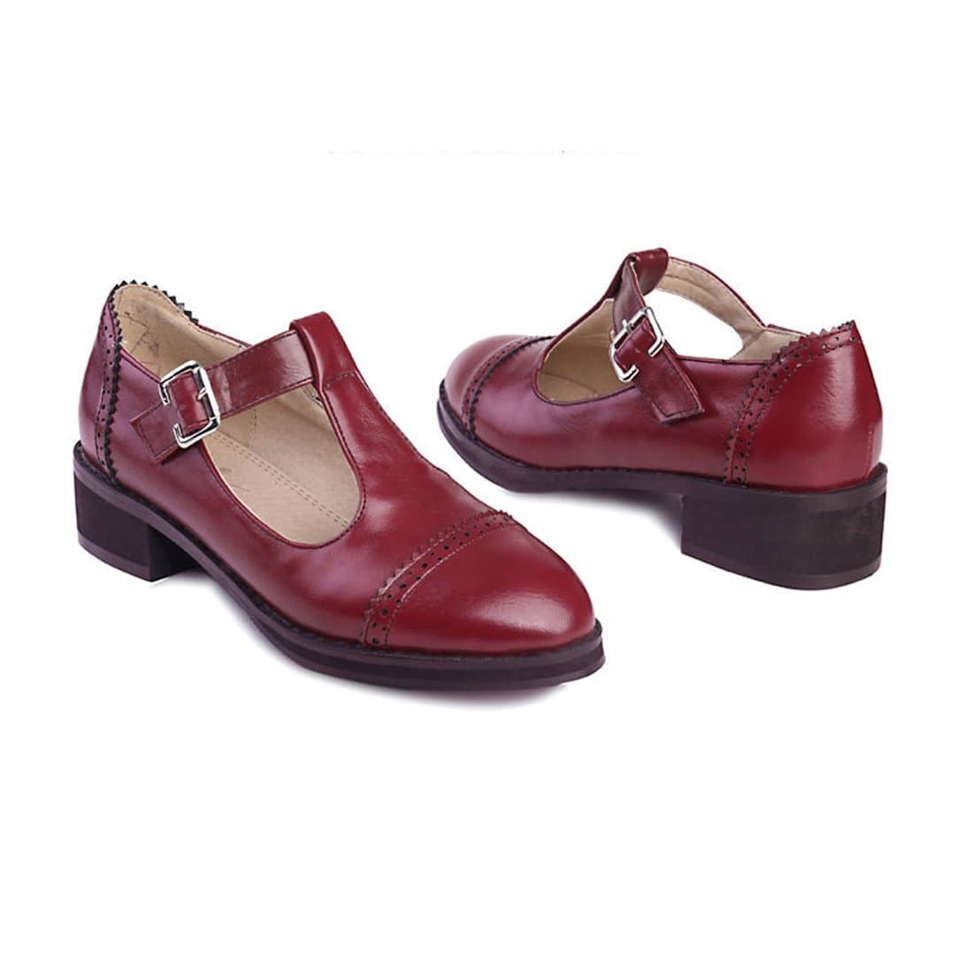 leanna Women's Rome Stylish Vintage Cute Oxfords Pu Leather T-Strap Hasp Brogues Carving Work Shoes