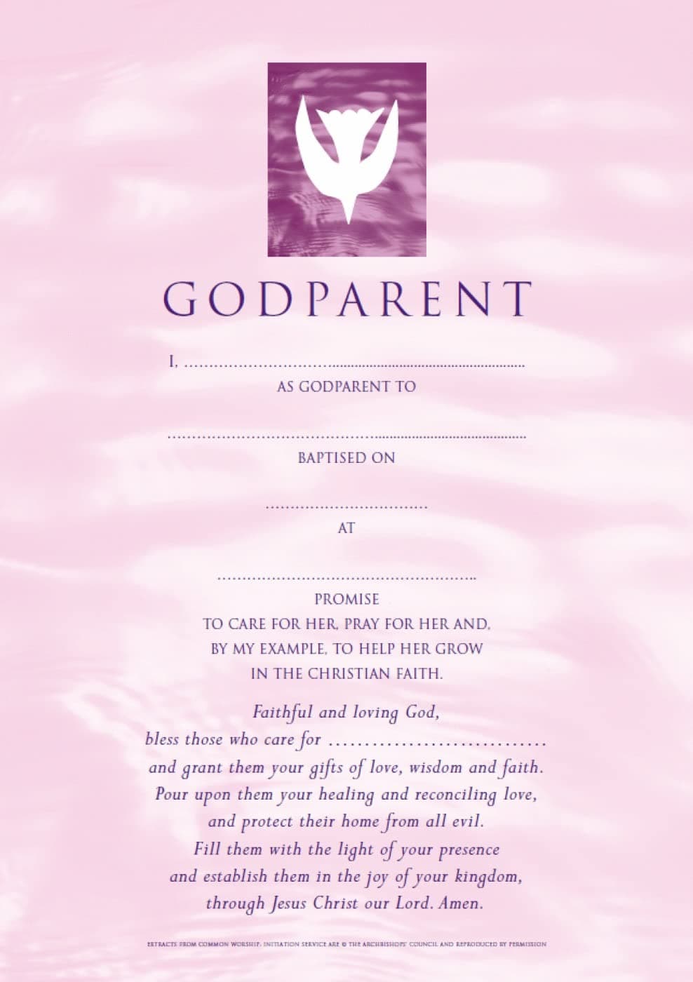 Common Worship Godparent Certificate Girl (Contemporary) (pack of 20)