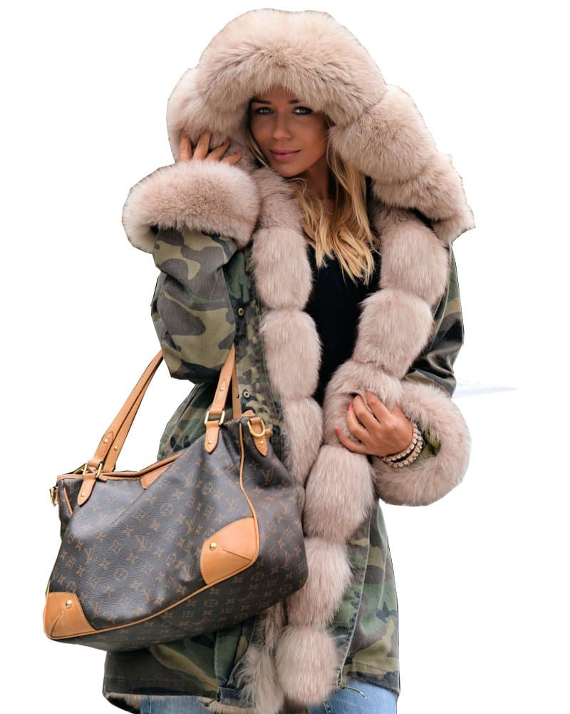 Aox WomenFashion Faux Fur Hooded Camouflage Military Loose Plus Size Winter Coat Outdoor Parka Anoraks, Grey, 36