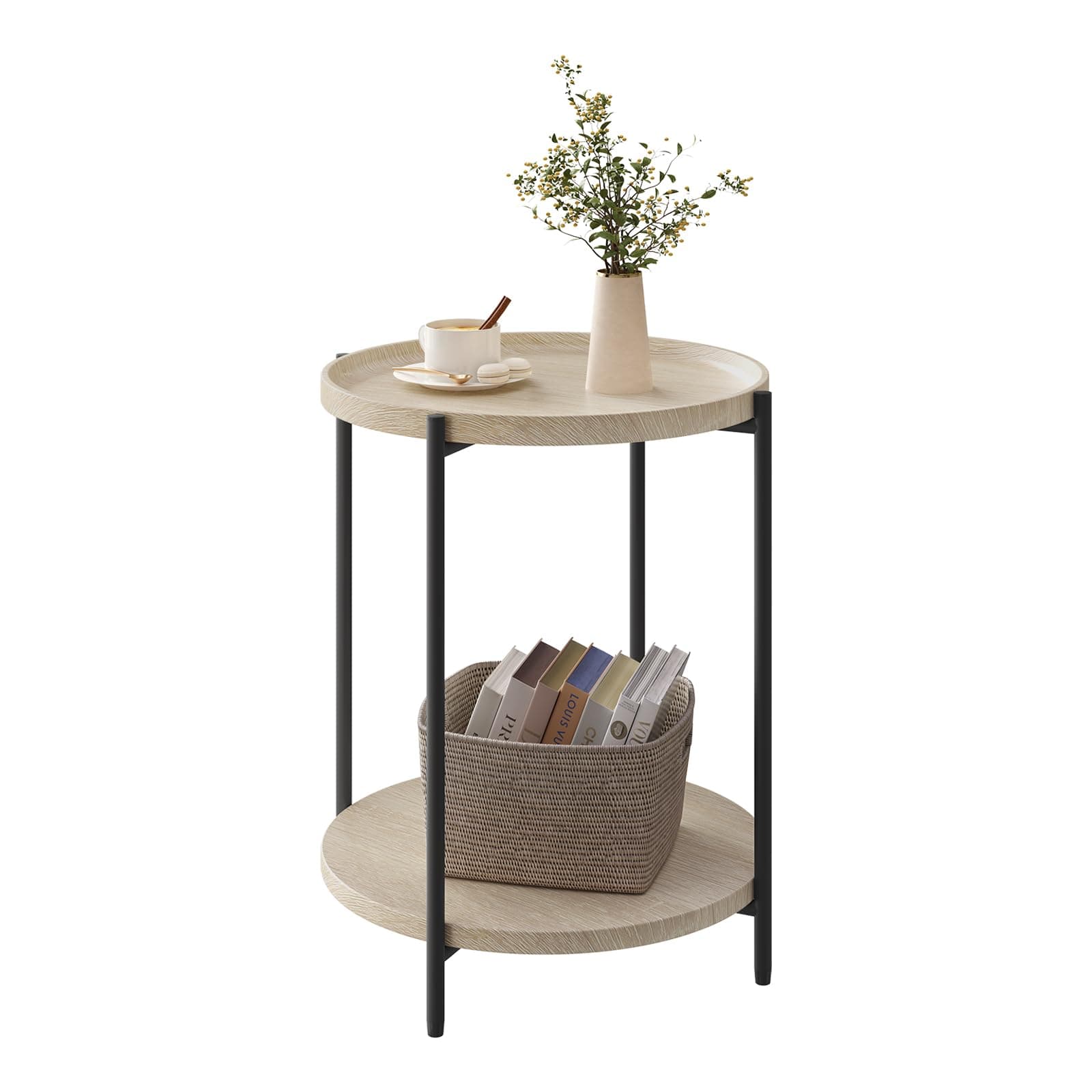 WOLTU Round Coffee Table, Small Side Table with 2 Shelves, for Living Room Bedroom, MDF + Metal, Light Oak, BTS06hei