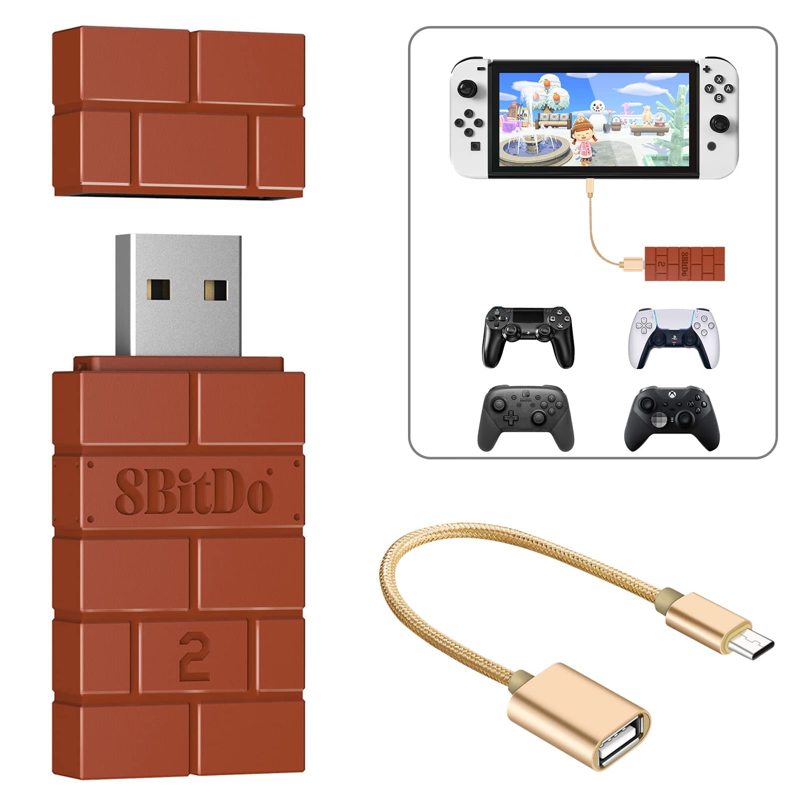 8BitDo USB Wireless Controller Adapter 2 Converter Dongle for Switch 2/Switch/Switch OLED,Windows,Raspberry Pi, PS5/PS4/PS3 Controller,Xbox Series X/S,Xbox One Bluetooth Controller-OTG Cable (Brown)