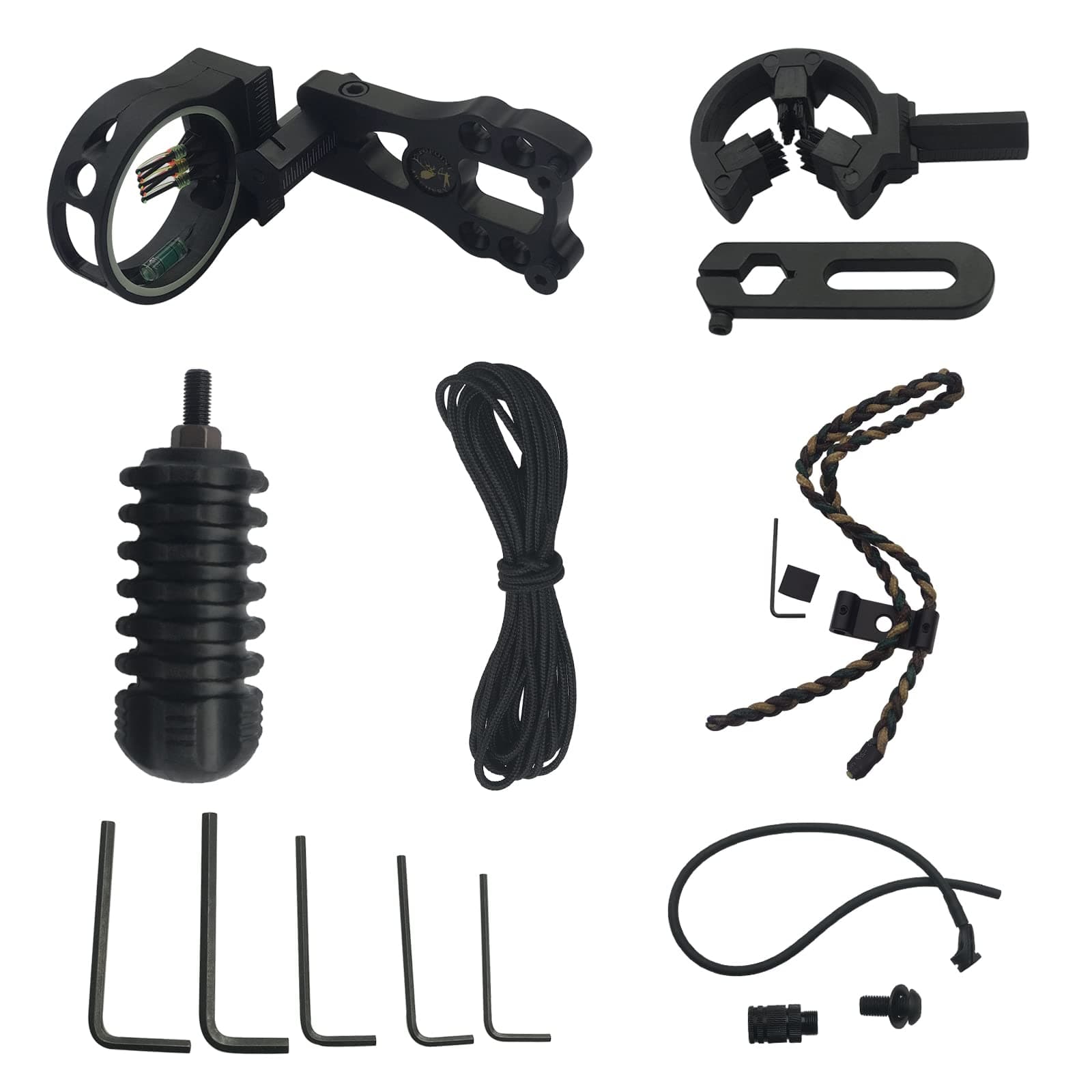 Compound Bow Accessory Combo, Brush Arrow Rest, Stabilizer,5 Pin Bow Sight with Level and Light, Bow Sling, Wrist Rope for Archery Bow Hunting Black