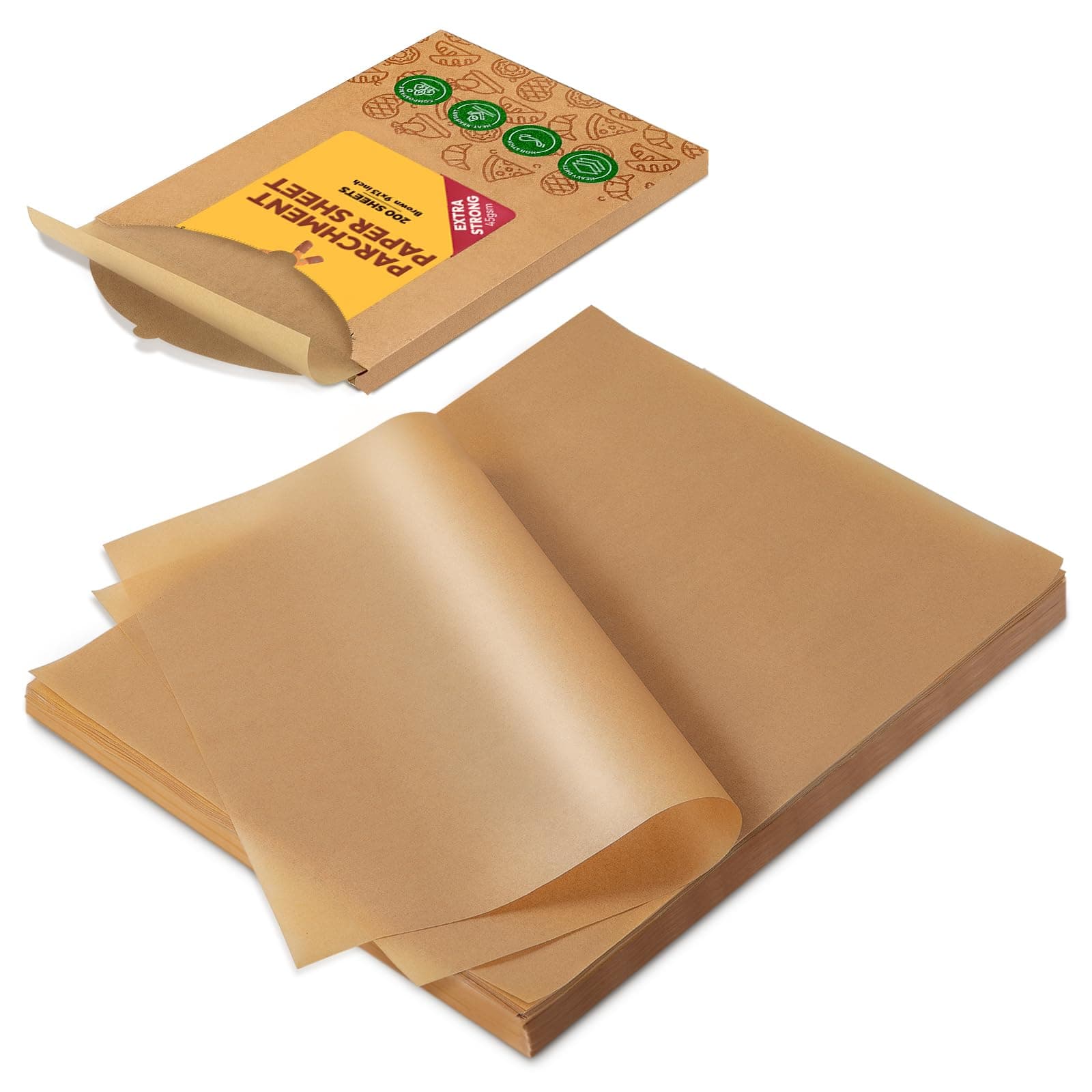 Katbite Unbleached Parchment Paper Sheets 200 Counts, 9x13 Inch 45GSM Heavy-Duty Parchment Sheets for baking cookies, Cooking, Grilling, Frying