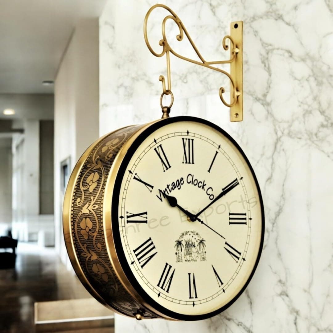 Handcrafted Double Side Roman Number Brass Finish Metal Railway Station Analog Clock, 12 Inches
