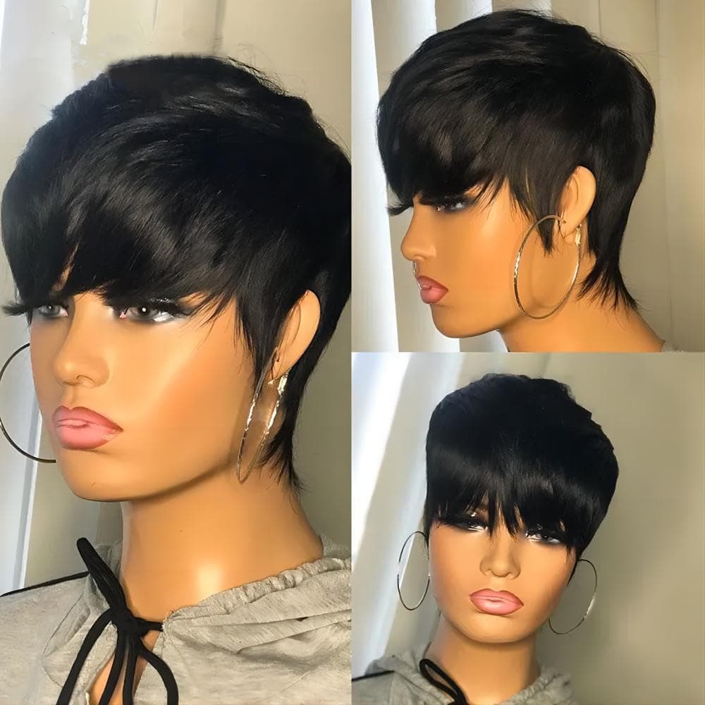 YIHANGDA Pixie Cut Wigs for Black Women Human Hair Bob Wig Human Hair Wig Short Wigs with Bangs Layered None Lace Front Wig Glueless Wig Full Machine Made Wig 1B Color