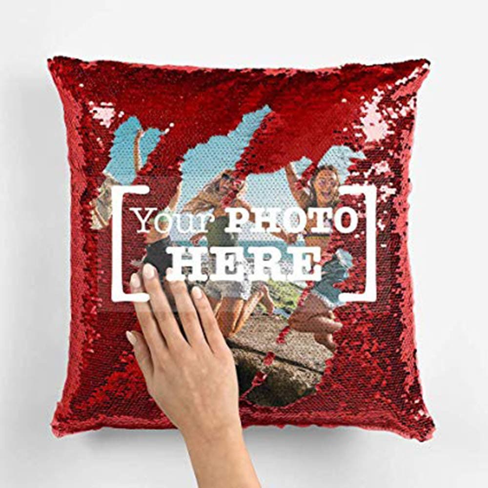 MUKESH HANDICRAFTS Polyester Personalized Photo Magical Photo Cushion/Pillow with 1 Photo Size (16x16 Inches, Red)