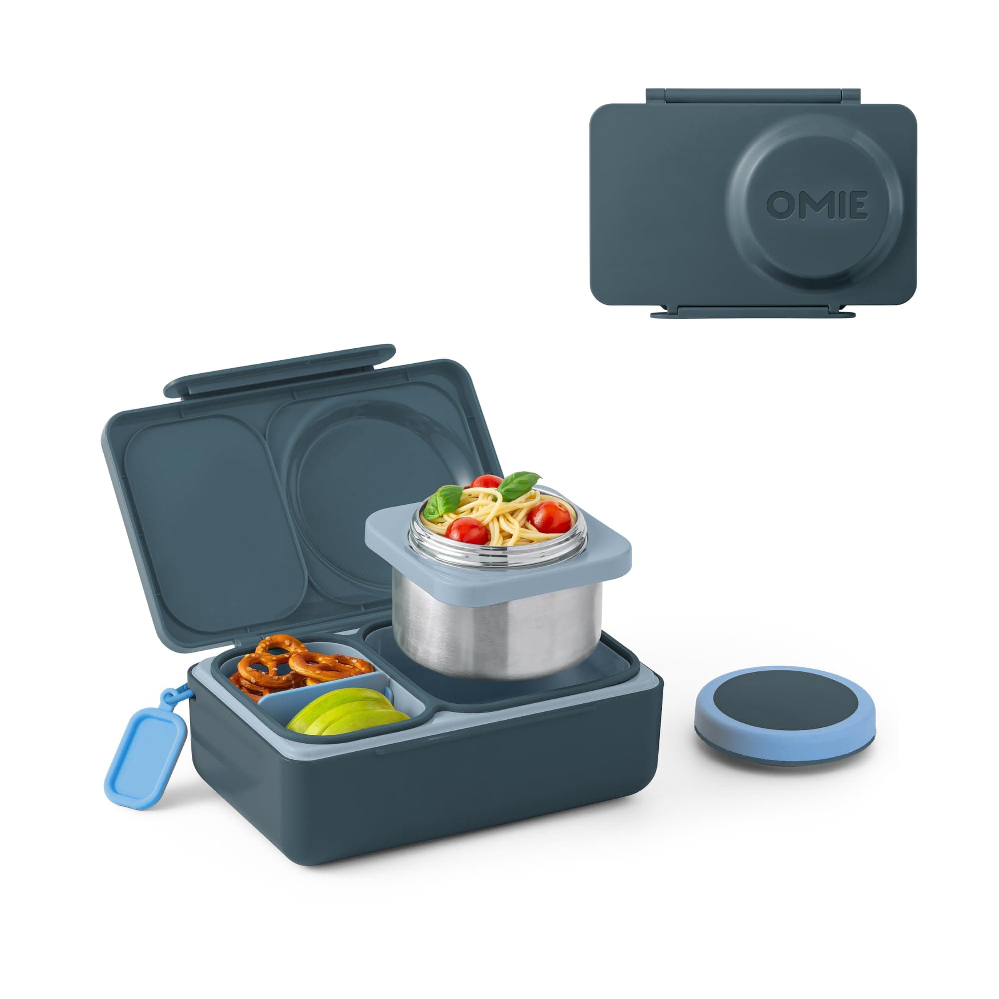 OmieBox UP bento Box for Kids | Insulated Lunch Box | Leak Proof Vacuum Insulated Thermal Food jar | Cooler ice Pack | 2 Compartments (Graphite)