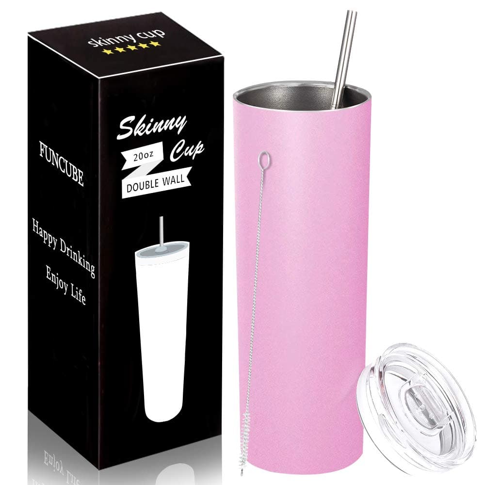 Stainless Steel Skinny Insulated Tumbler with Lid and Straw, 20 OZ Double Vacuum Slim Tumbler Cup, Outdoor Unbreakable Travel Mug for Hot or Cold Drinks with Cleaning Brush (Pink - 20 oz)