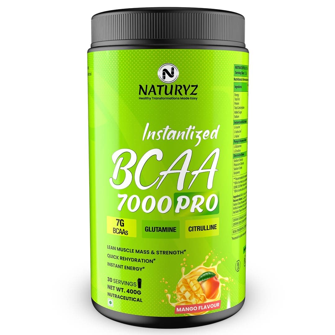 NATURYZ Instantized BCAA 7000 PRO |7G Vegan BCAAs | Glutamine | Citrulline | Electrolytes | 0 Added Sugar | Powerful Pre/Post & Intra Workout Amino for Lean Muscle Growth, Strength, Quick Re-Hydration & Instant Energy - 400g(Mango)