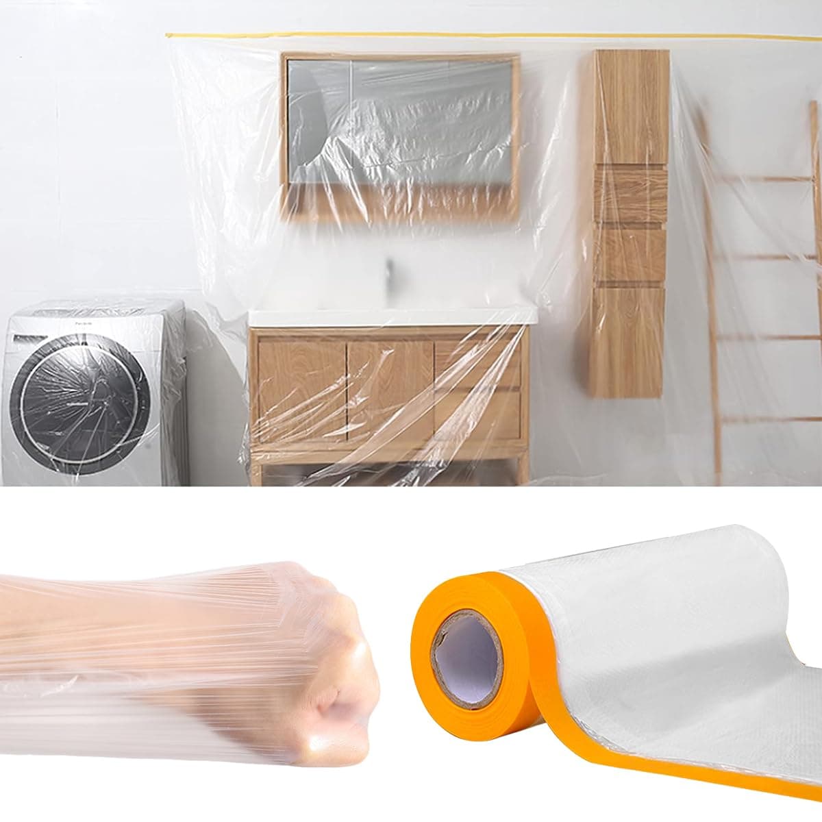 Masking Film,Pre-Taped and Plastic Drape,Adhesive Waterproof Dust-Proof Protective Plastic Painting Drop Film, Prevent Dust Paint Cover for Car,Furniture,Carpet,Floor,Bed,Wall (3M x 20M)