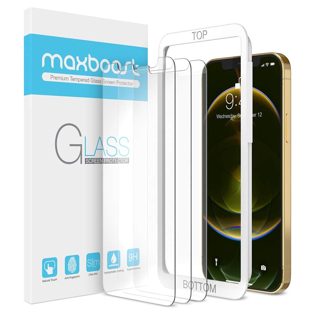 Maxboost Screen Protector Compatible with iPhone 12 Pro Max Screen Protector - 3 Pack, Tempered Glass Film for Apple iPhone 12 pro max 6.7-inch 2020 (w/Alignment Case Tool included)