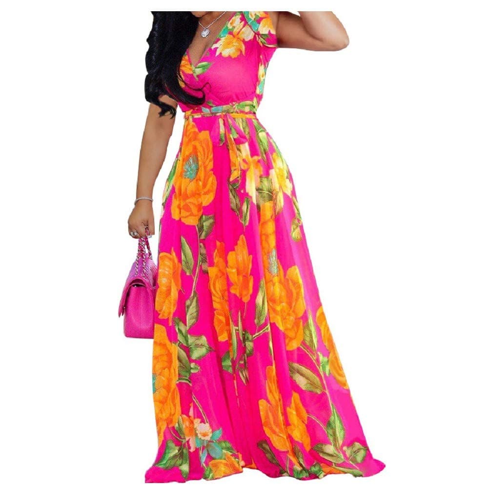 lvenzseWomens Maxi Dress Boho Chiffon Floral Printed V-Neck Long Dresses