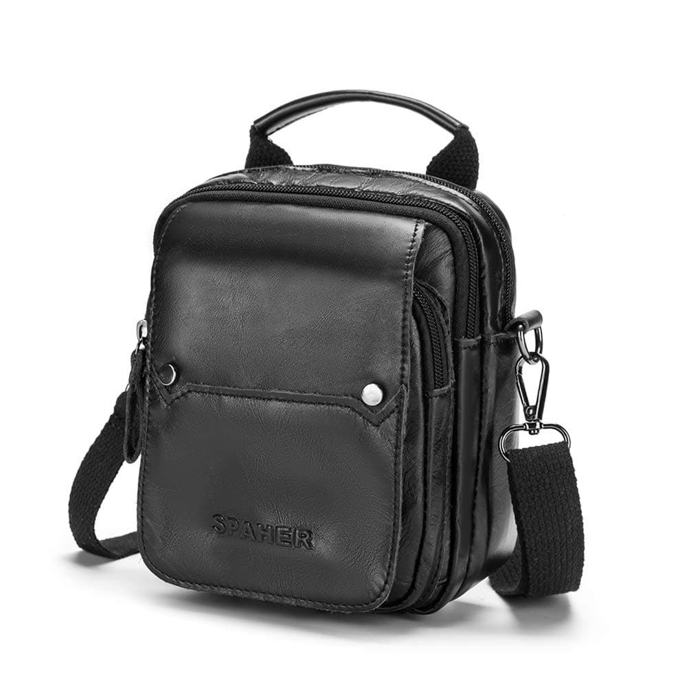 SPAHER Small Mens Genuine Leather Waist Bag Cross Body Phone Bag Messenger Shoulder Holsters Handbag Mobile Phone Case Purse Belt Pouch Money Belt Travel Wallet For Note 3 iPhone 6 7 Plus Black