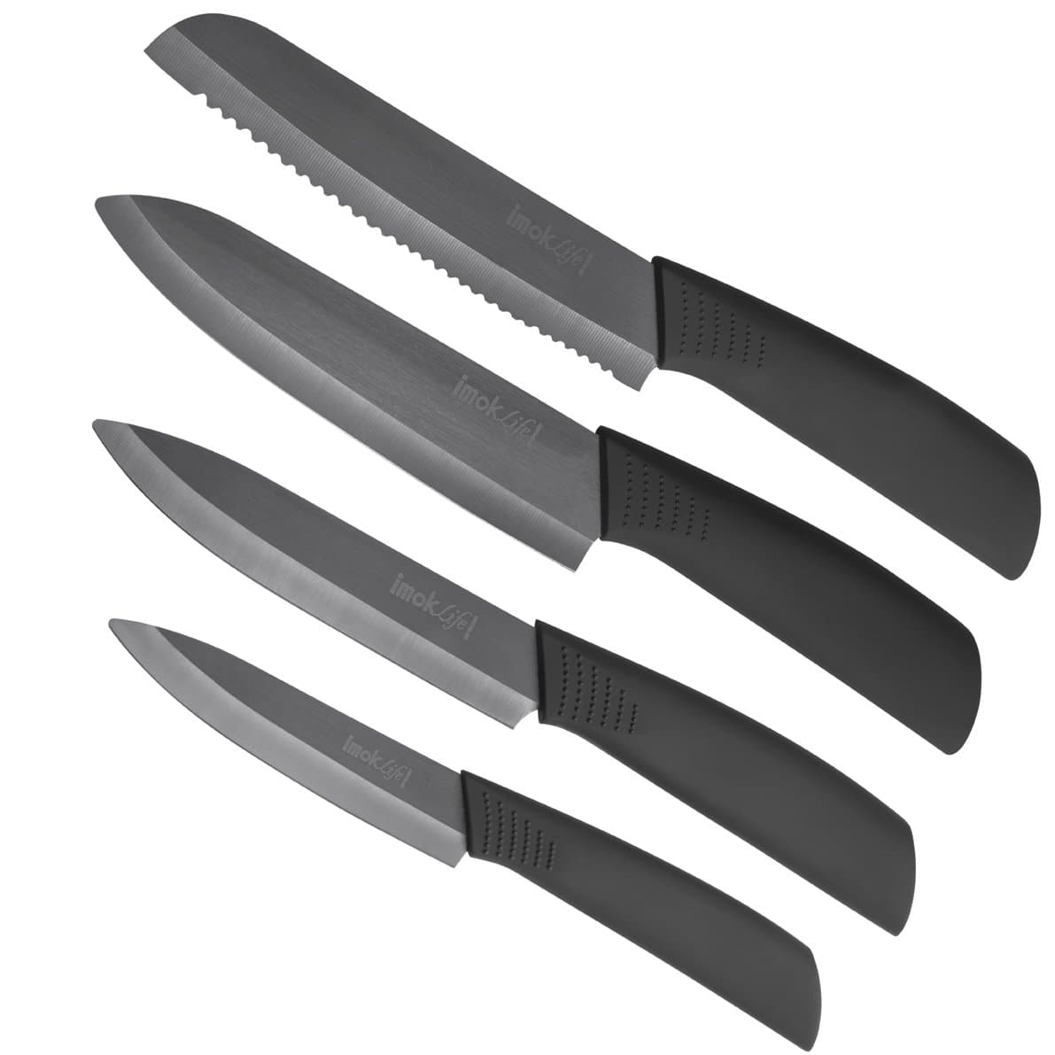 imokLife Ceramic Knife Set (4 Pieces) Kitchen Knives with Safety Sheaths Super Sharp and Never Rust(6" Bread Knife, 6" Chef Knife, 6" Utility Knife, 4" Fruit Knife), Black