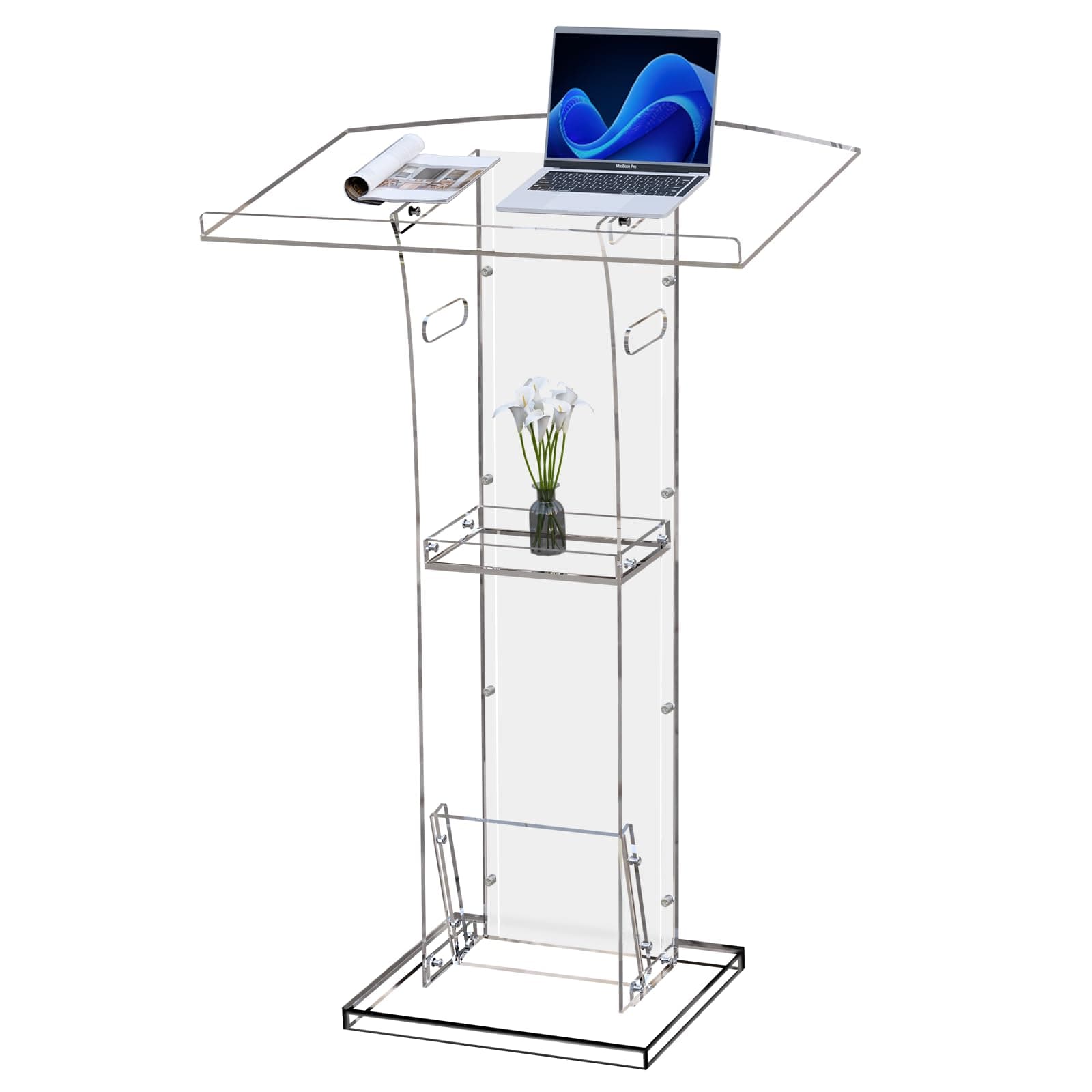 KSacry Acrylic Clear Podium Stand with Storage Shelf,Plexiglass Pulpits for Churches,Conference,Speeches,Weddings,Classroom,Professional Presentation Podiums (23.6" L X 17.7" W X 43" H, Transparent)