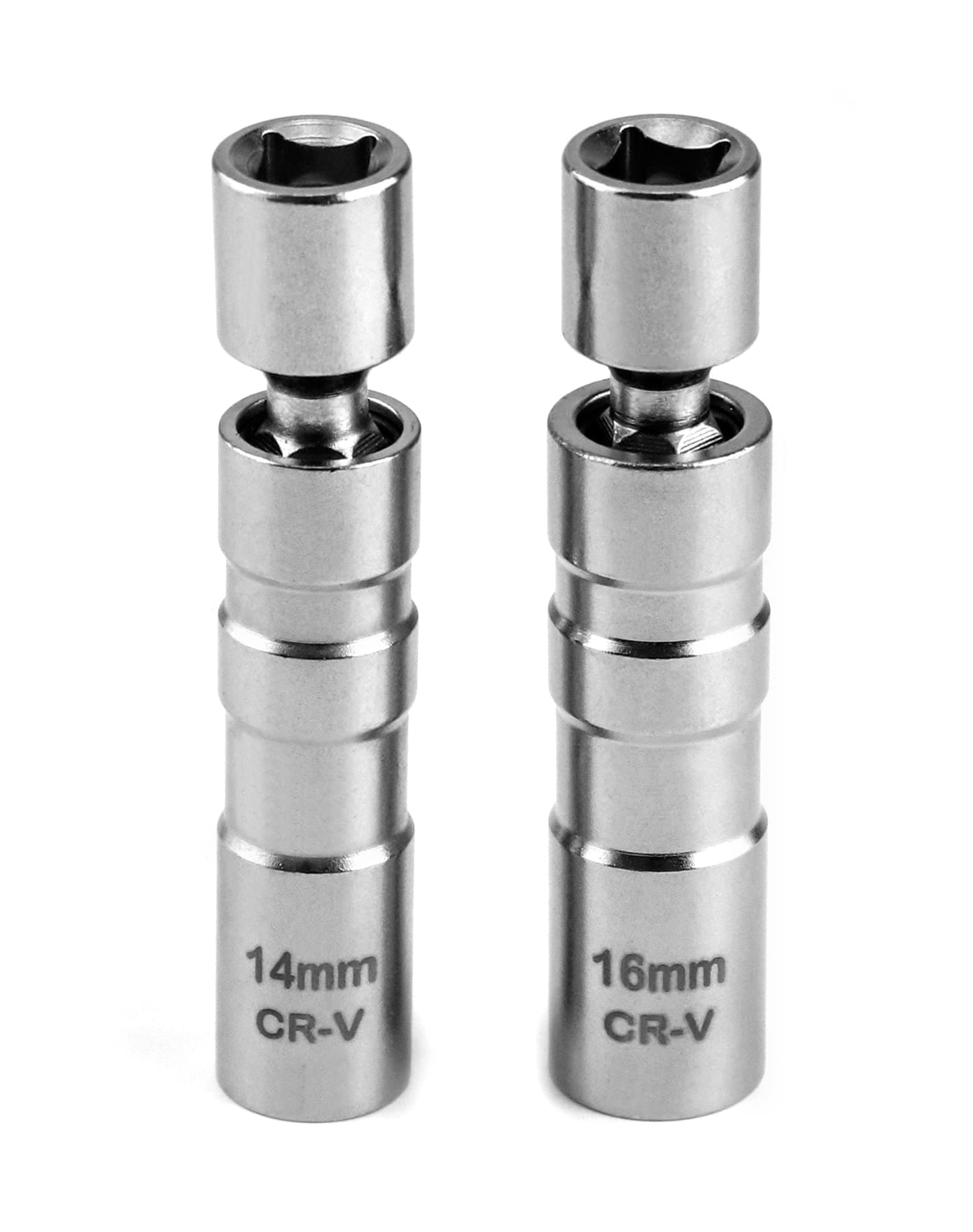 QWORK® 2Pcs Thin Wall Spark Plug Socket, 3/8 Inch 12-Point Universal Joint Magnetic Swivel Socket Removal Tool (14mm & 16mm)