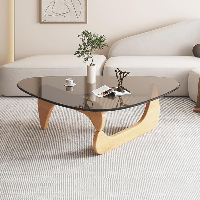 Triangle Coffee Table Modern Noguchi End Table, Solid Wood Base and 8mm Thick Tempered Glass Top Accent for Living Room Office Hotel Patio (Natural Wood Legs + Teal Glass, 32 * 22 * 16)