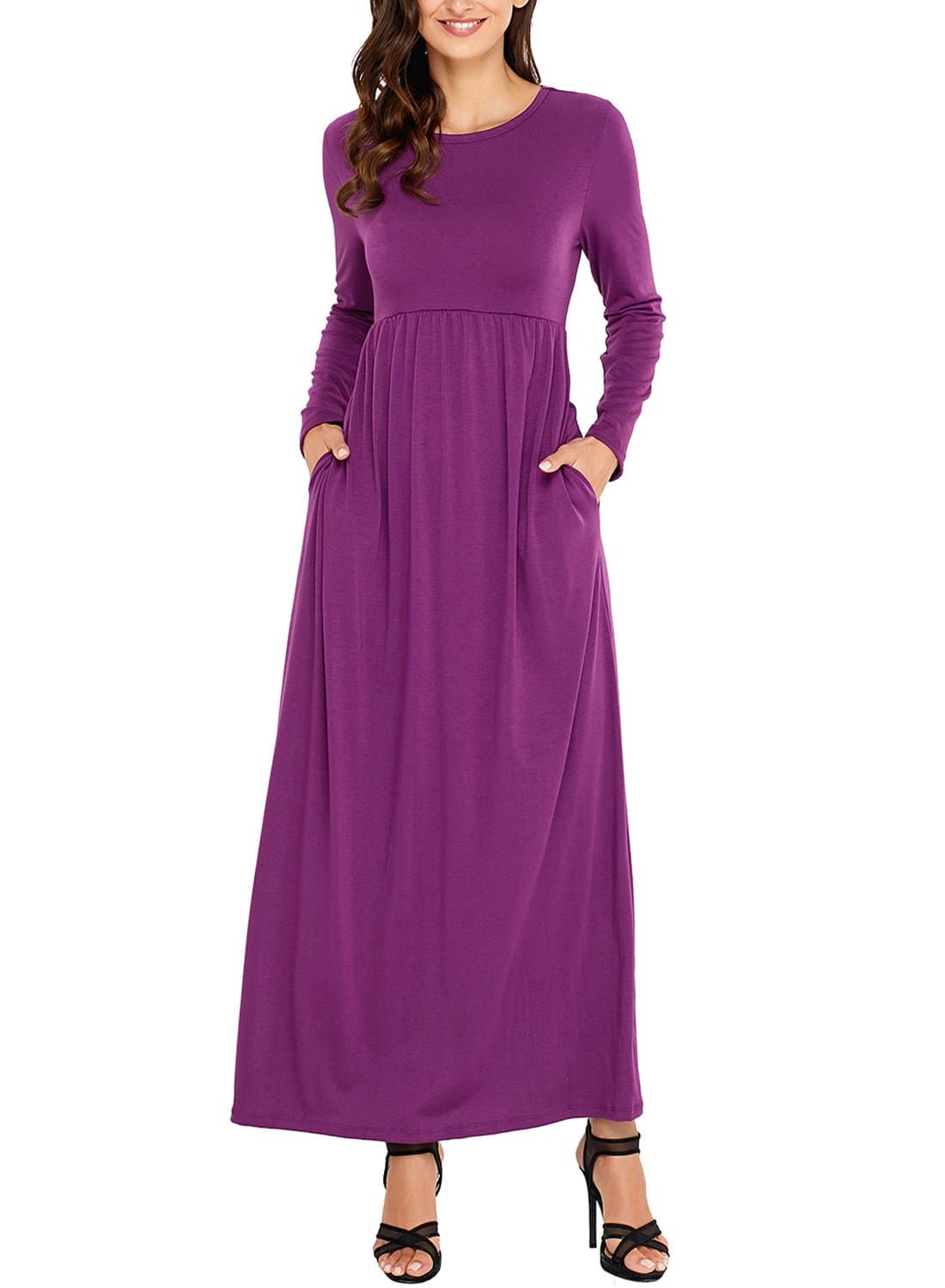 ROSKIKI Women's Long Sleeve High Waist Floor Length Casual Pockets Jersey Maxi Dress