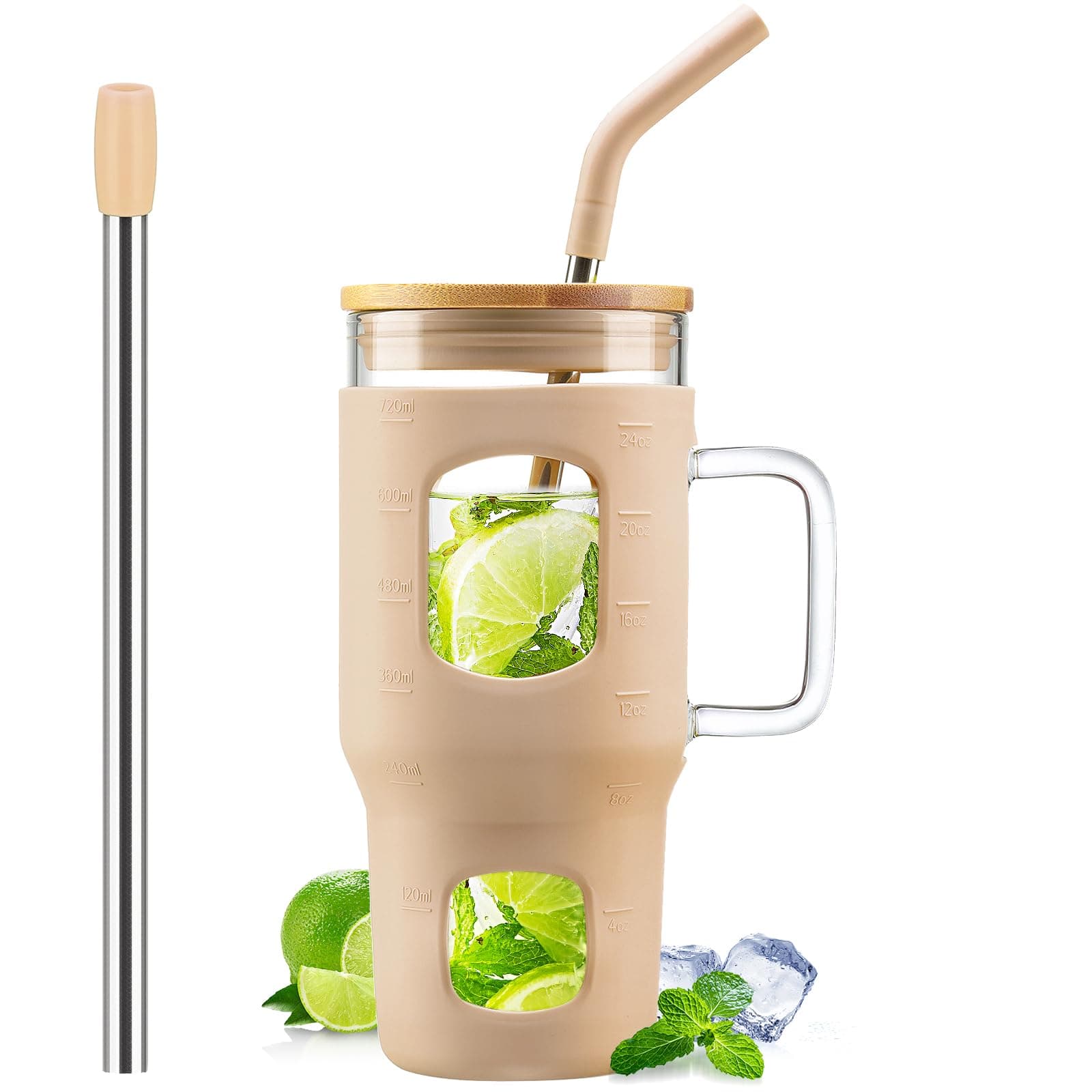 WINSA24 oz Glass Tumbler with Lid and Straw, Iced Coffee Cup with Handle, Glass Water Bottles with Time Marker, 2 Straws - Pearl Straw & Drinking Straw Silicone Protective Sleeve-Amber