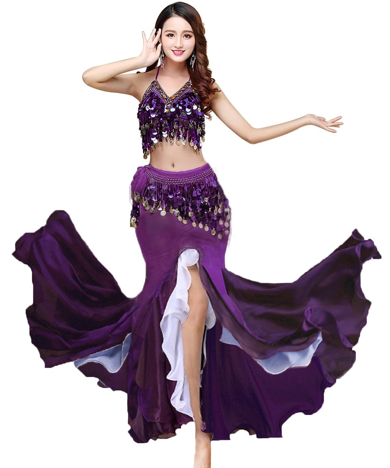 Women's Belly Dance Dress Belly Crop Top Bra Top and Belt Chiffon Dancing Split Skirt Costume 3-Piece Outfit